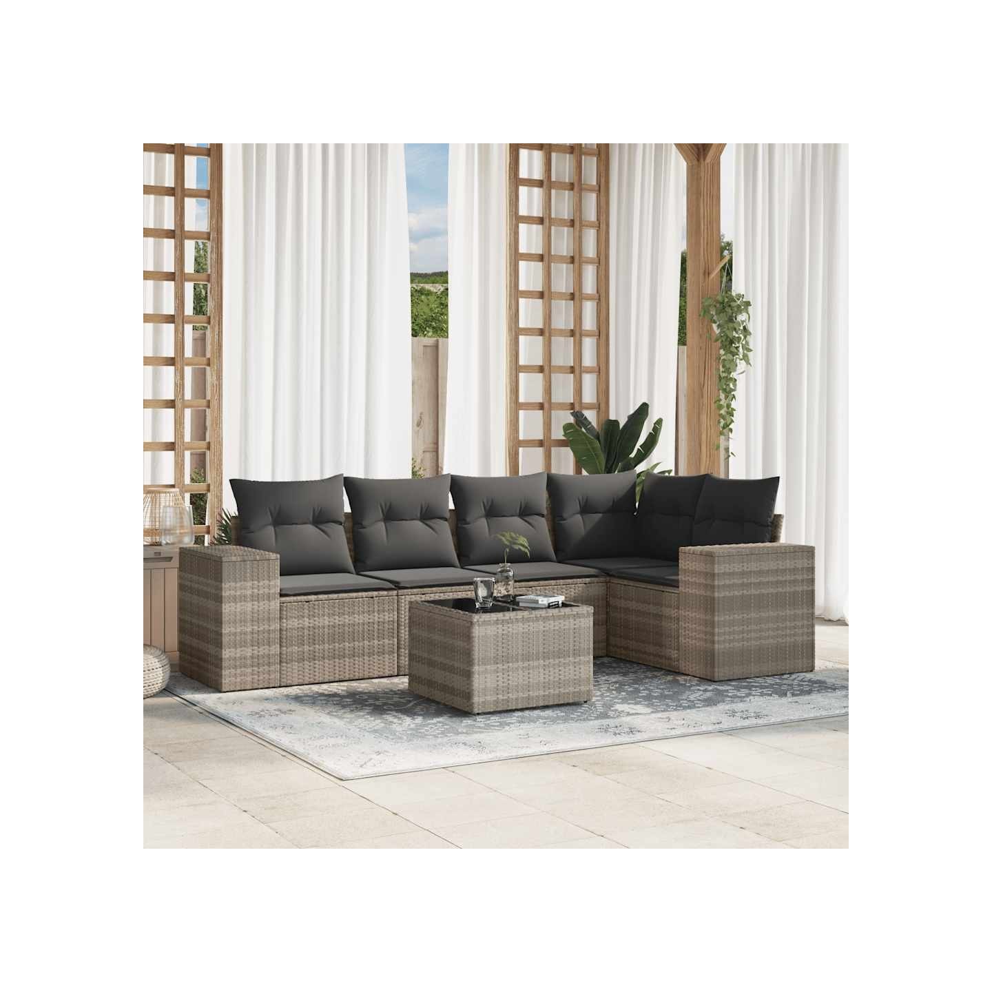 Salon de jardin 6 pcs avec coussins gris clair résine tressée