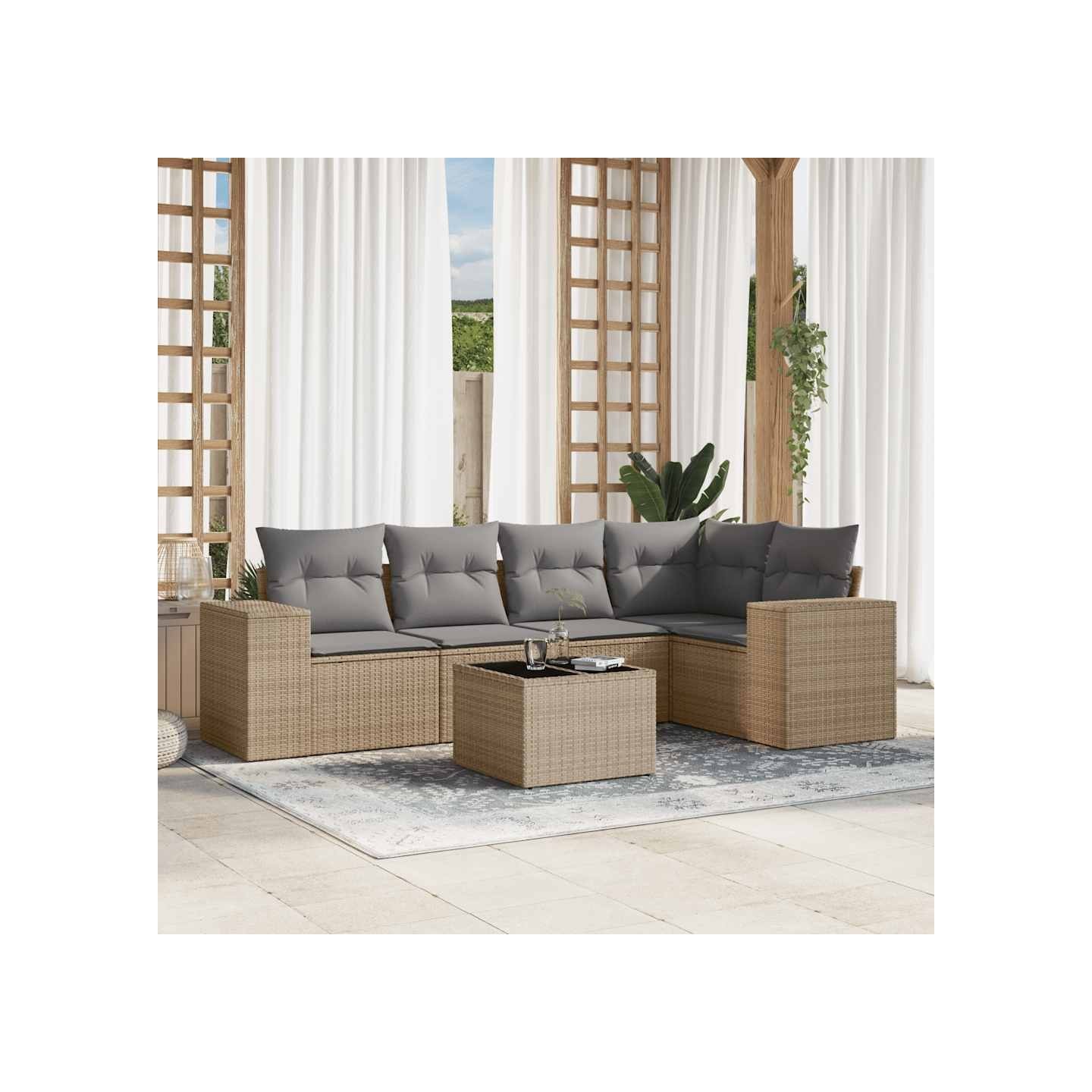 Salon de jardin avec coussins 6 pcs beige résine tressée
