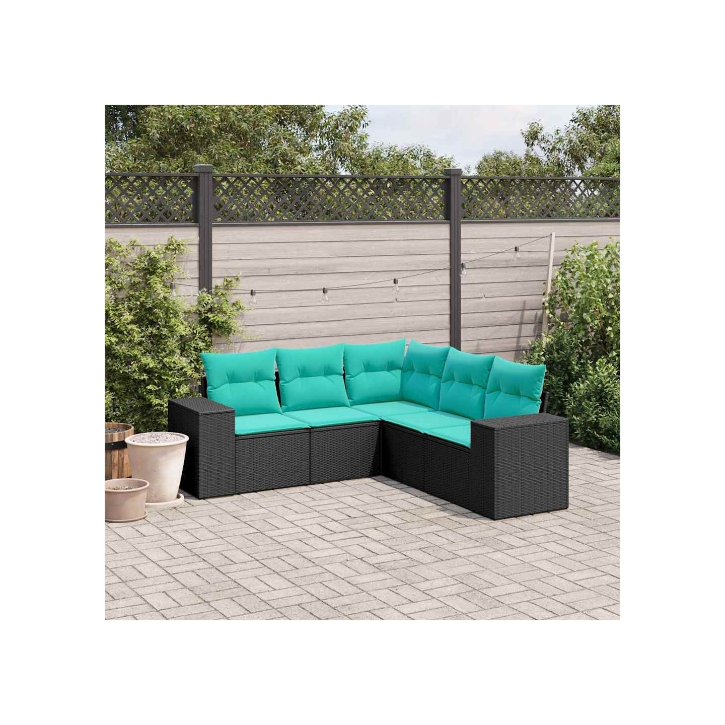 Salon de jardin 5 pcs avec coussins noir résine tressée
