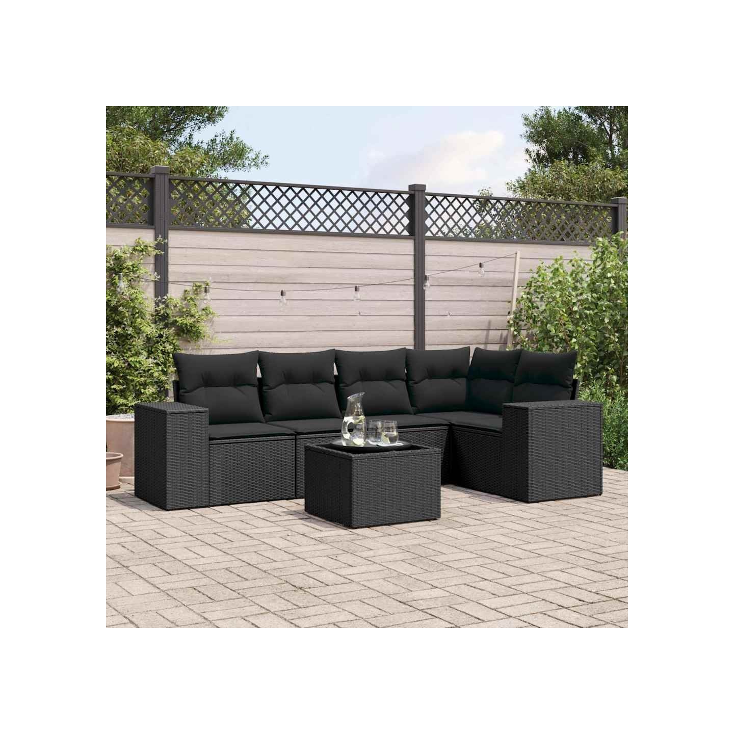 Salon de jardin 6 pcs avec coussins noir résine tressée