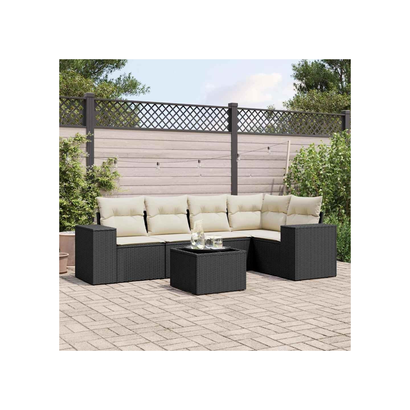 Salon de jardin 6 pcs avec coussins noir résine tressée