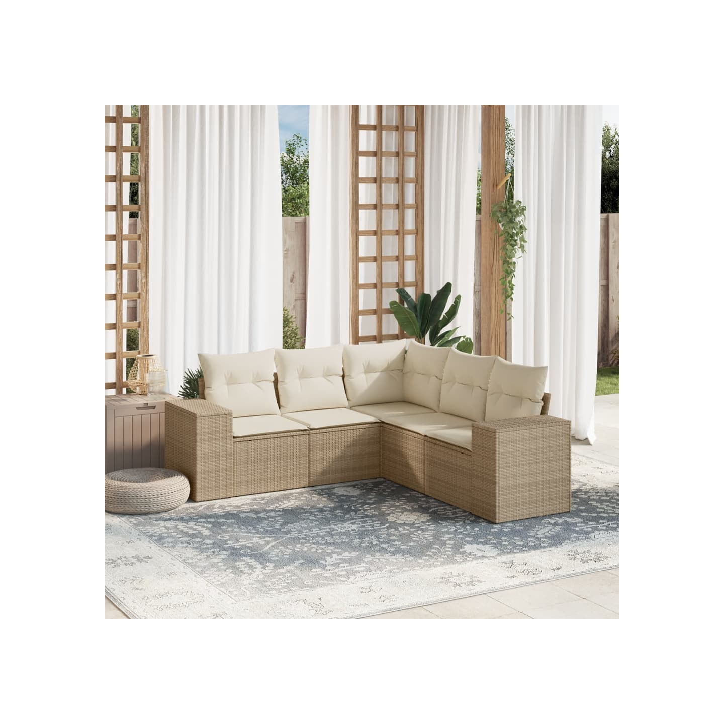 Salon de jardin avec coussins 5 pcs beige résine tressée