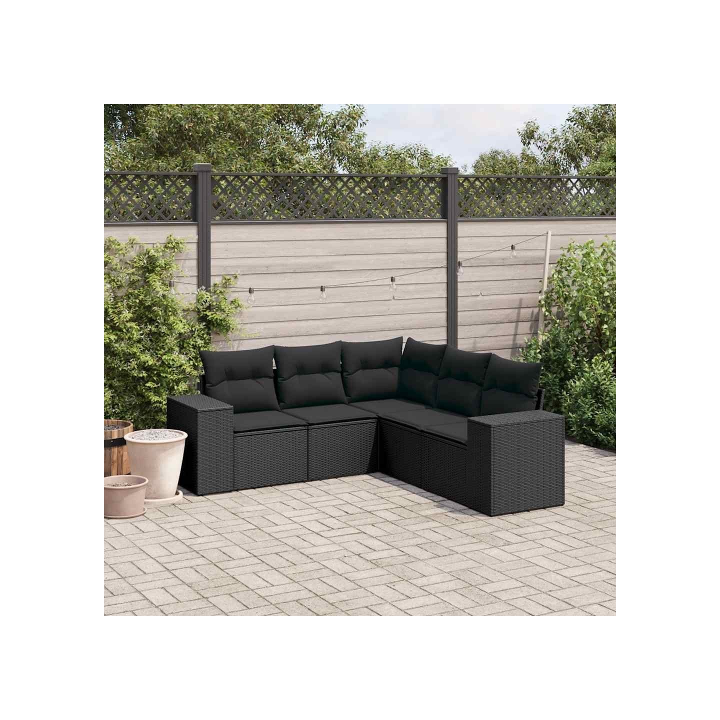 Salon de jardin 5 pcs avec coussins noir résine tressée