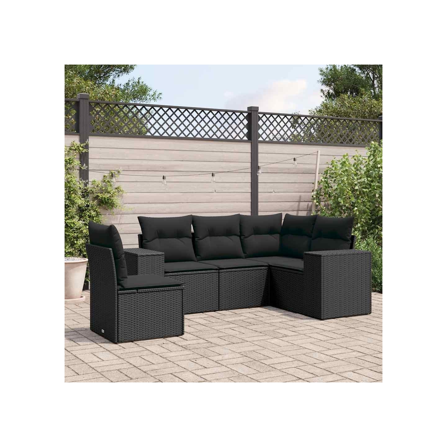 Salon de jardin 5 pcs avec coussins noir résine tressée