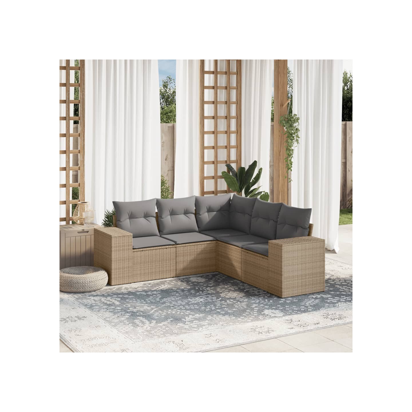 Salon de jardin avec coussins 5 pcs beige résine tressée