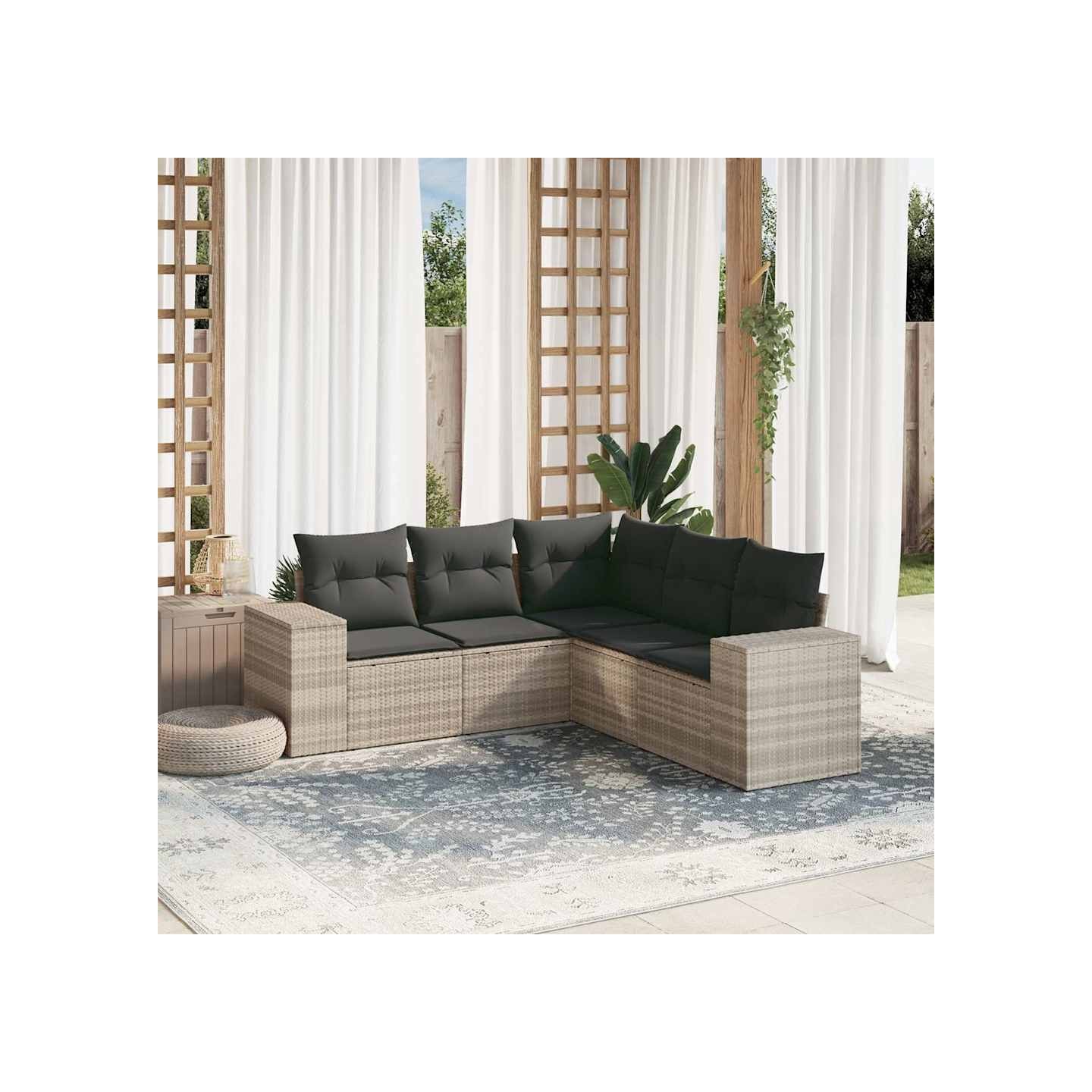 Salon de jardin 5 pcs avec coussins gris clair résine tressée
