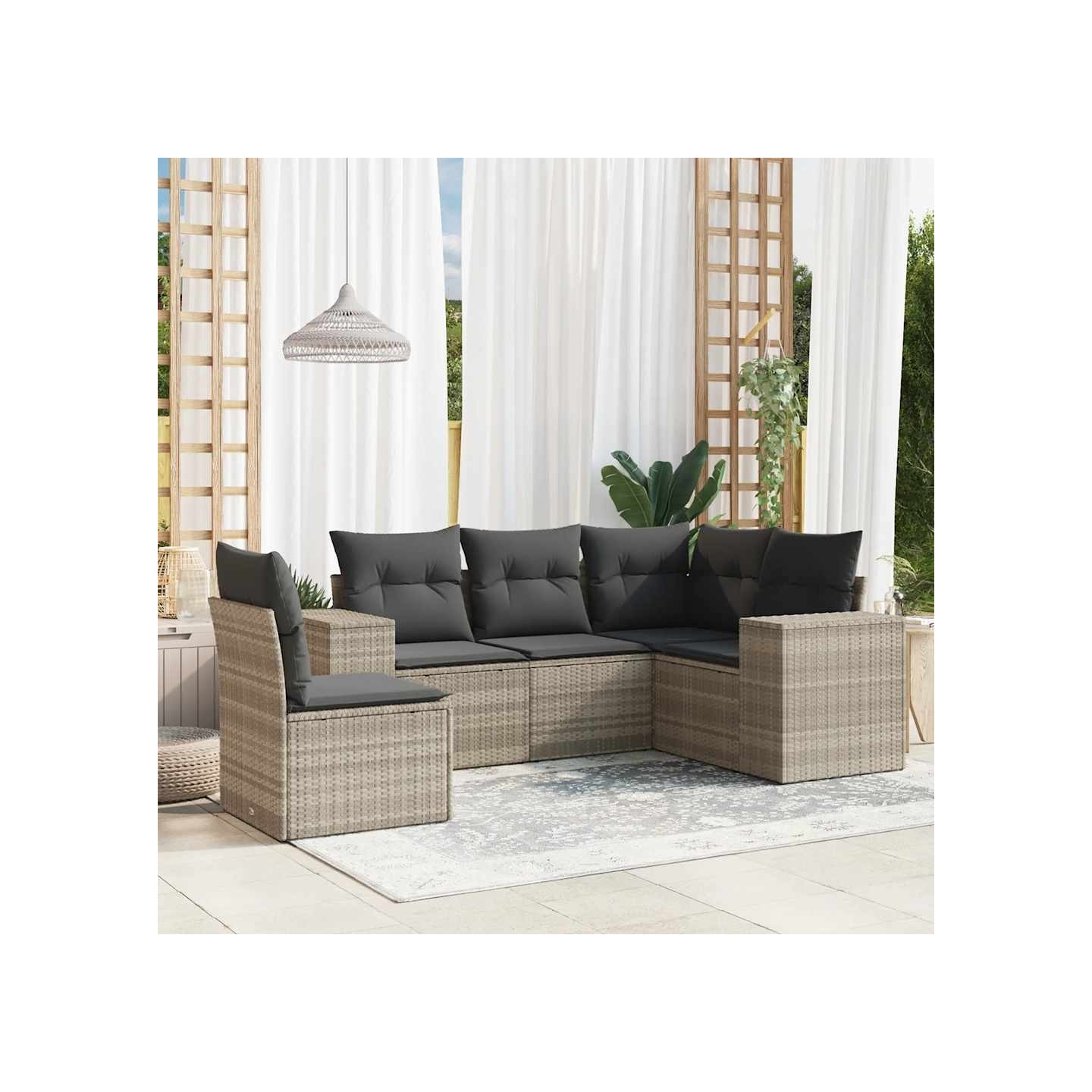 Salon de jardin 5 pcs avec coussins gris clair résine tressée