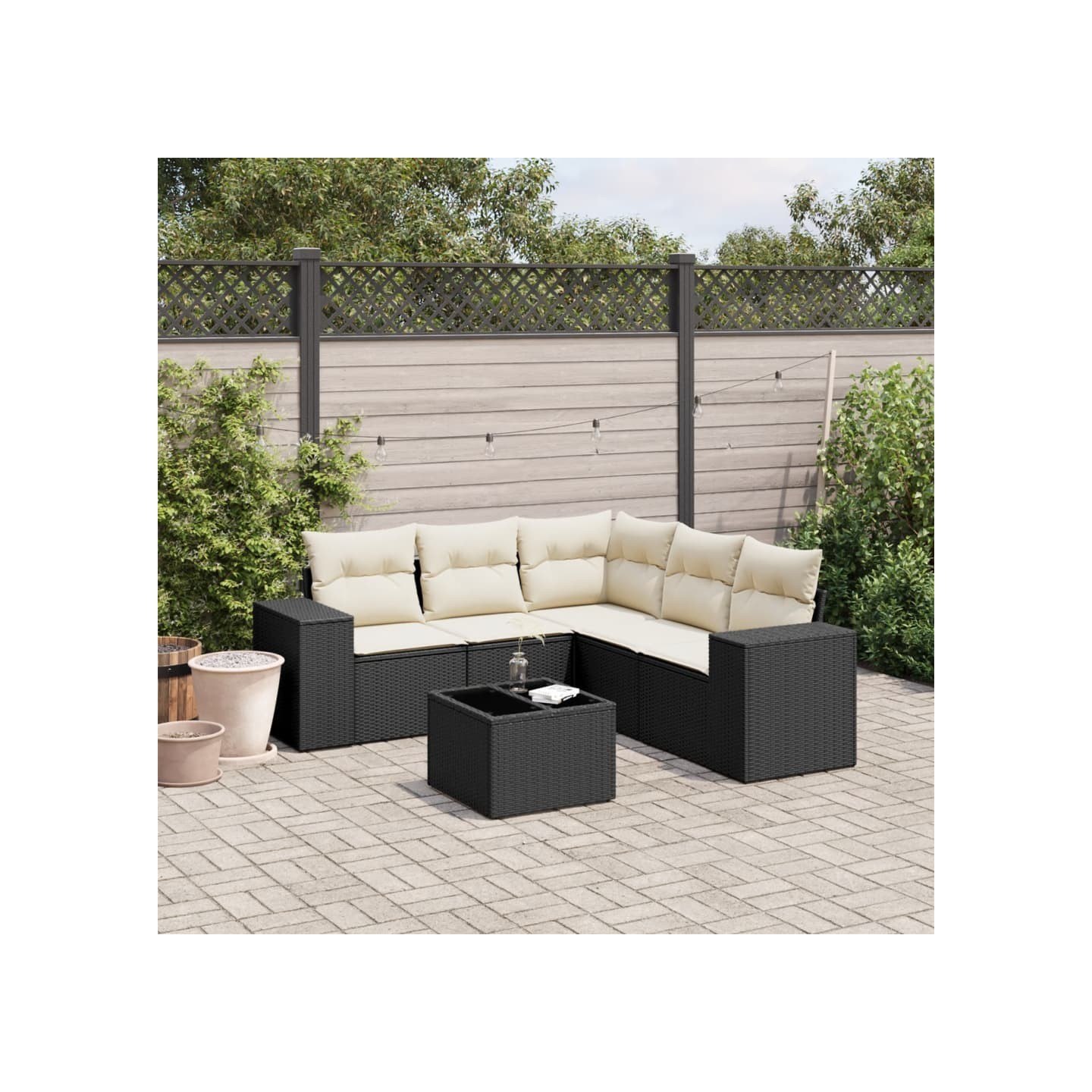 Salon de jardin 6 pcs avec coussins noir résine tressée