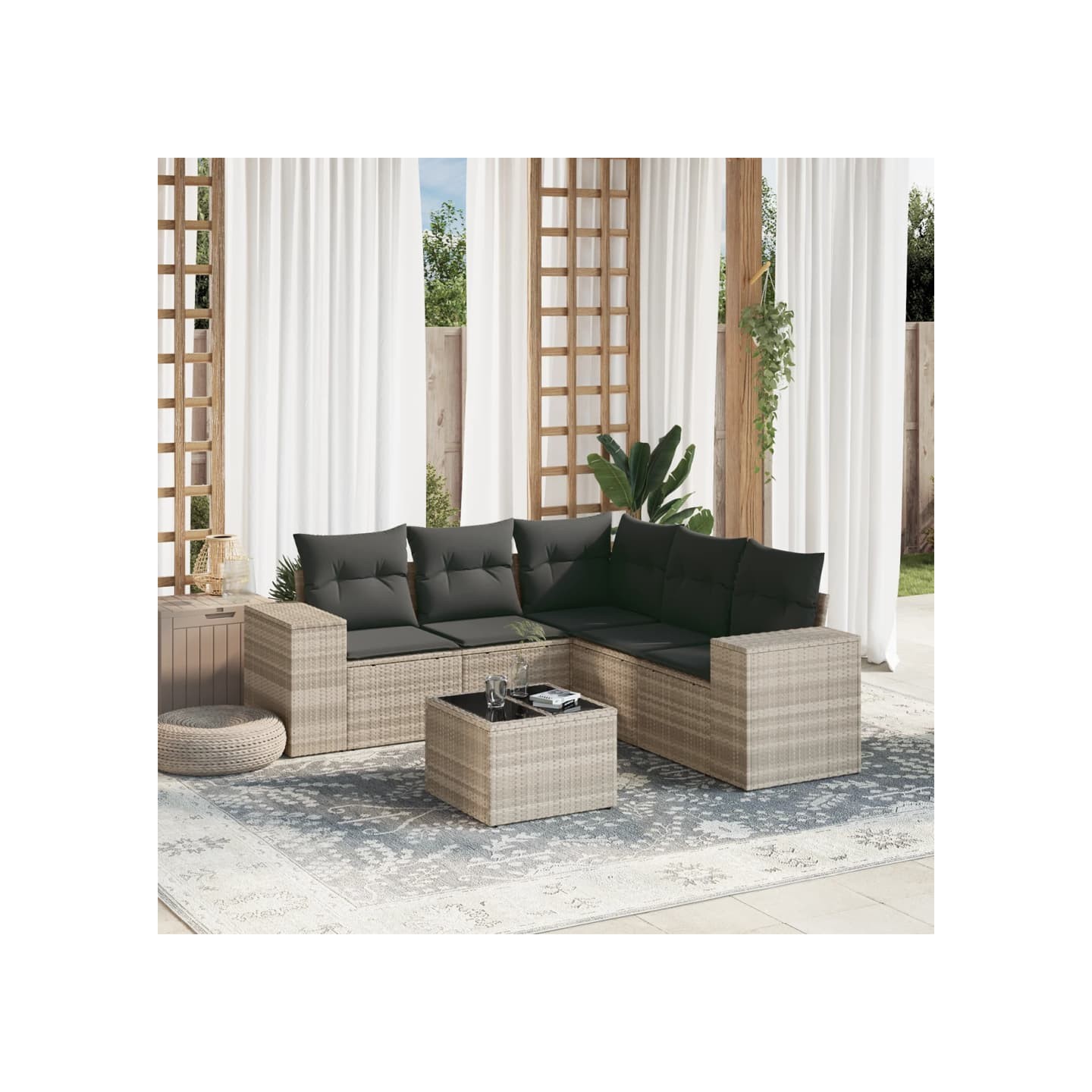 Salon de jardin 6 pcs avec coussins gris clair résine tressée