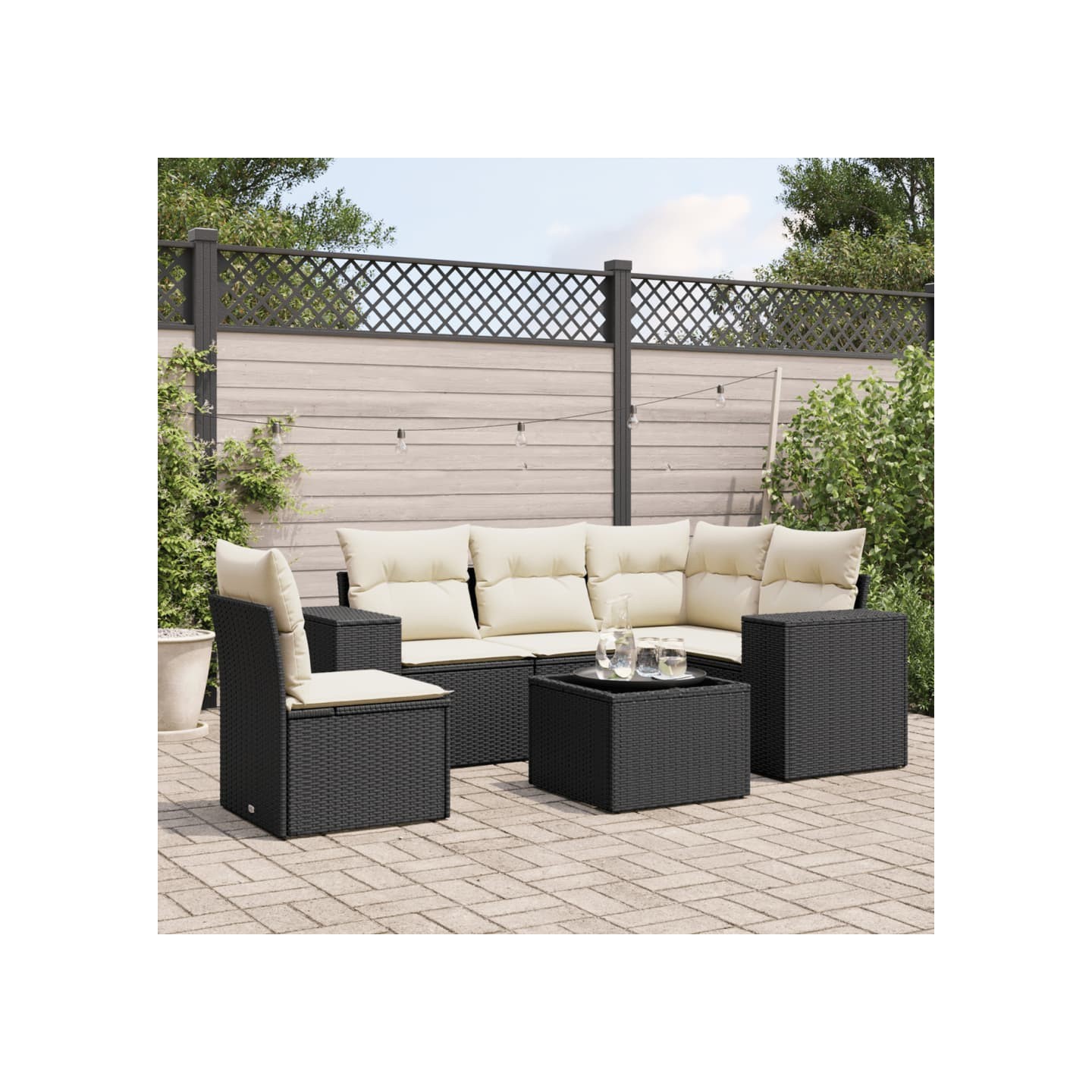 Salon de jardin 6 pcs avec coussins noir résine tressée