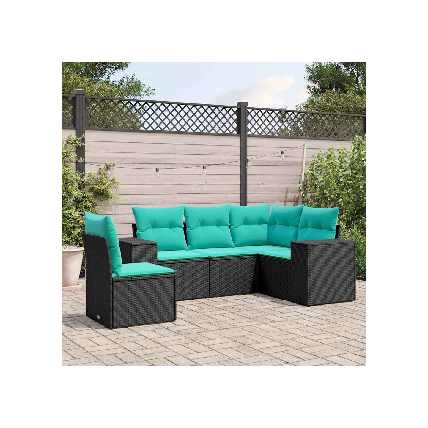 Salon de jardin 5 pcs avec coussins noir résine tressée