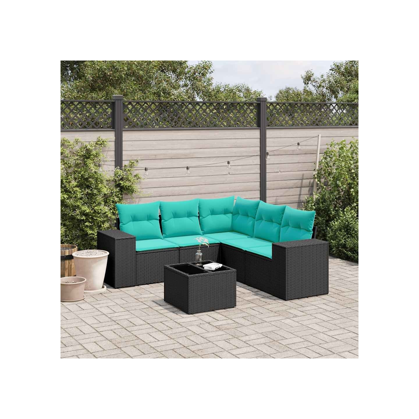 Ensemble de canapé de jardin 6 pcs avec coussins noir résine tressée