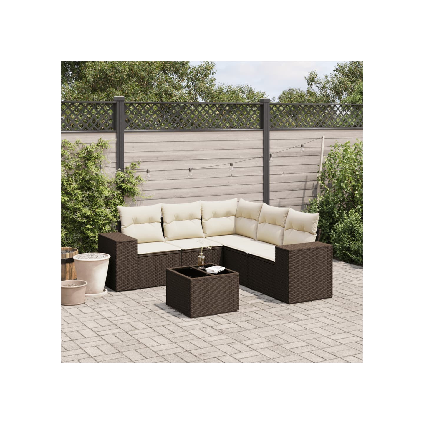 Salon de jardin avec coussins 6 pcs marron résine tressée