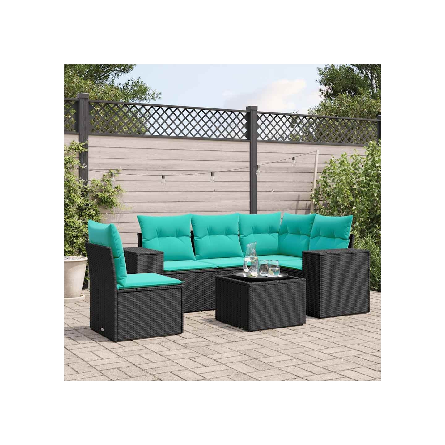 Ensemble de canapé de jardin 6 pcs avec coussins noir résine tressée
