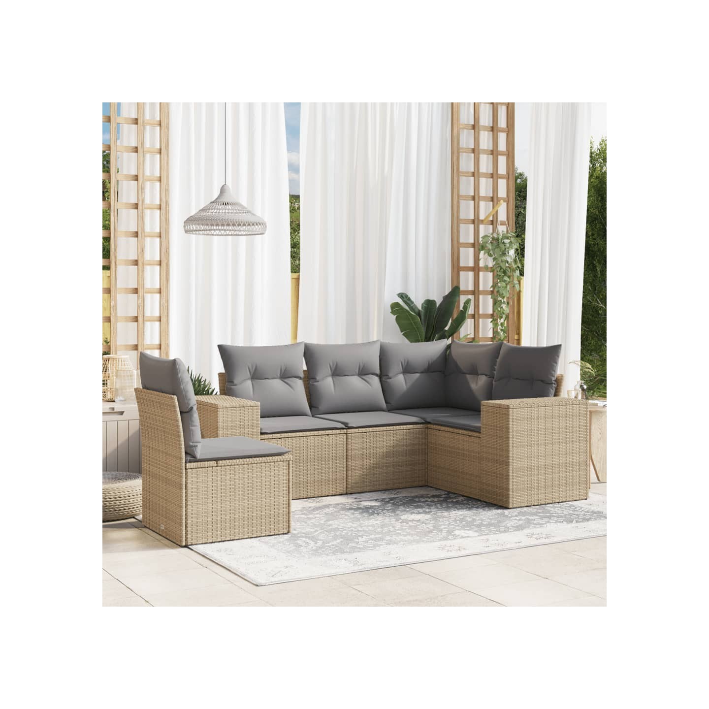 Salon de jardin avec coussins 5 pcs beige résine tressée