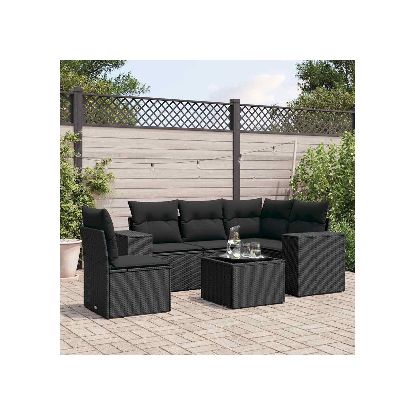 Salon de jardin 6 pcs avec coussins noir résine tressée