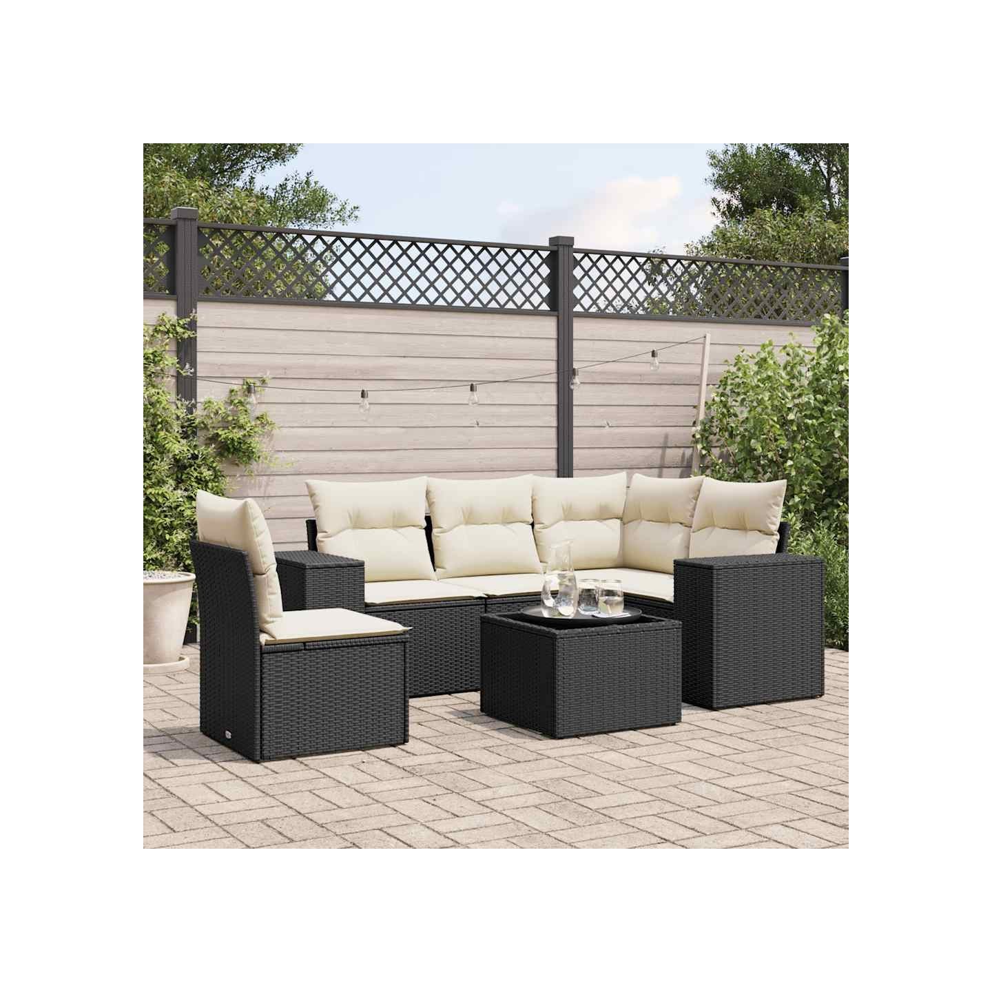 Salon de jardin 6 pcs avec coussins noir résine tressée