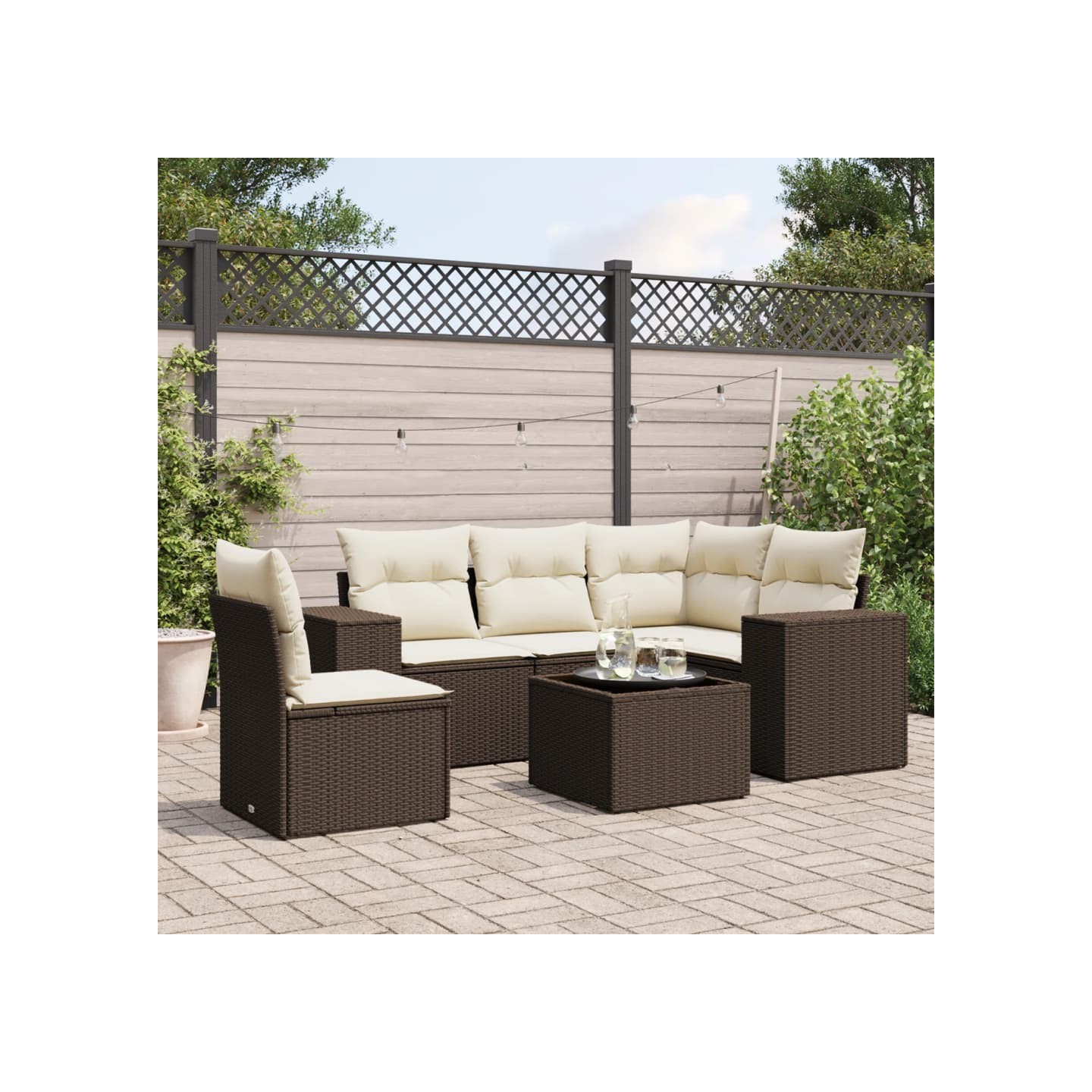 Salon de jardin avec coussins 6 pcs marron résine tressée