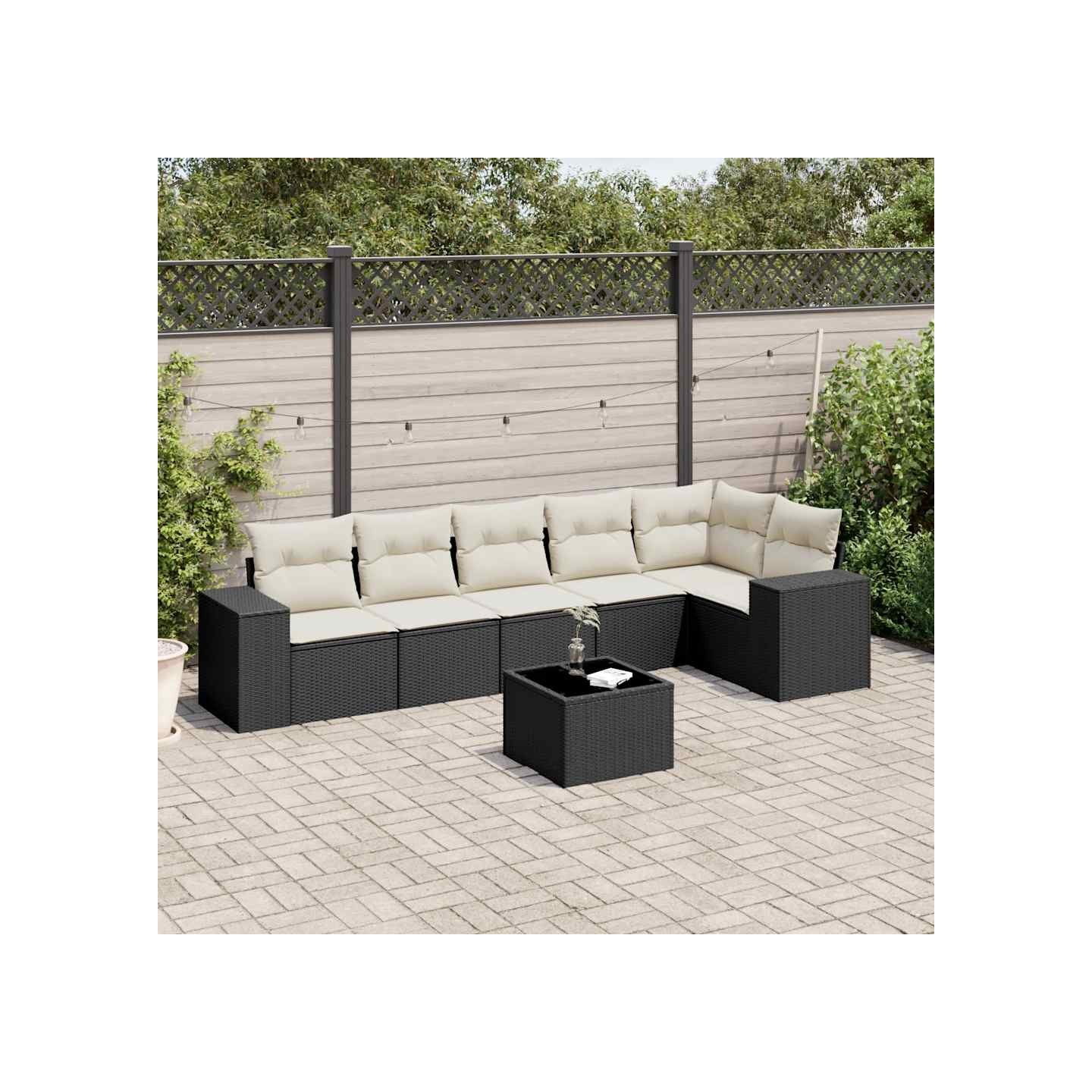 Salon de jardin 7 pcs avec coussins noir résine tressée