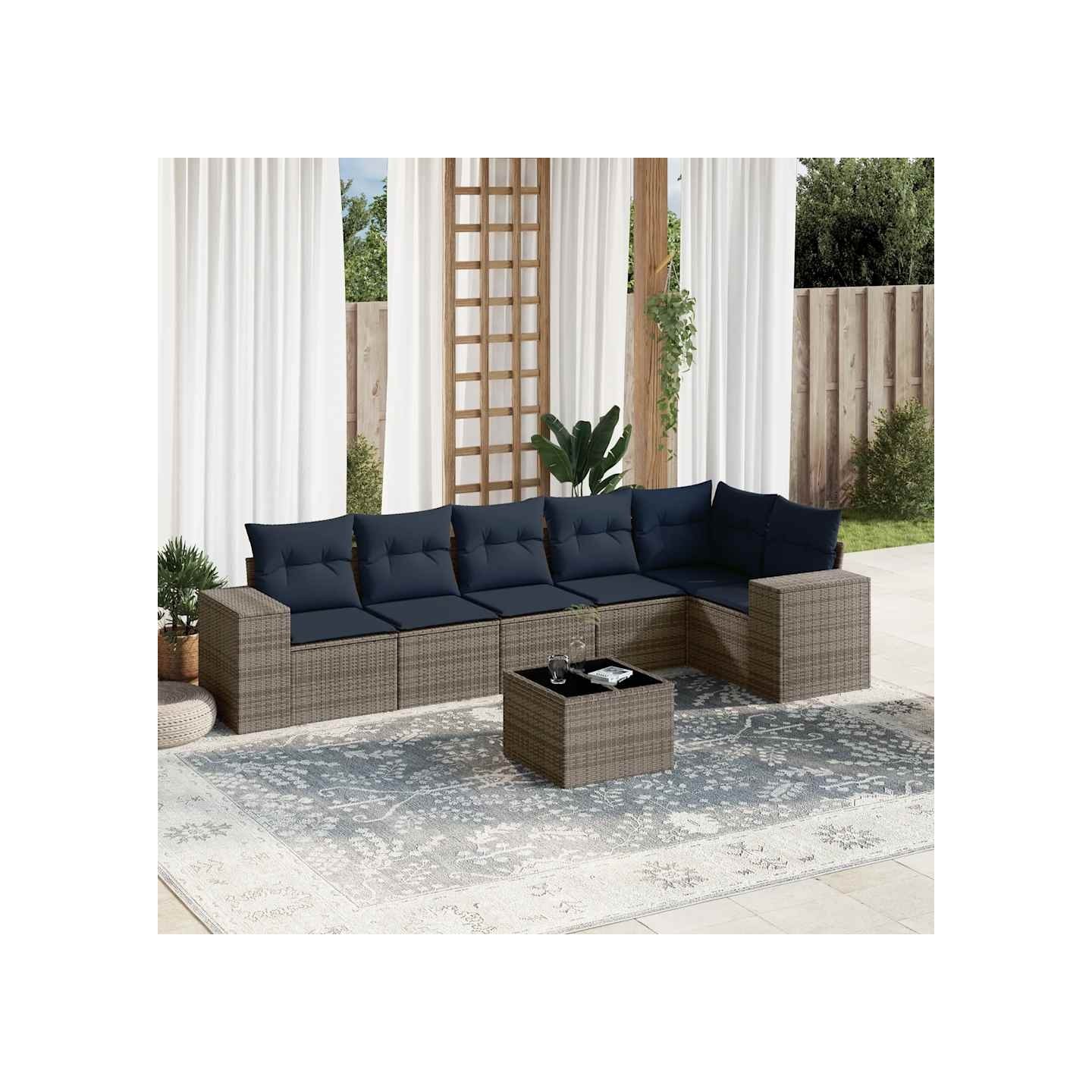 Ensemble de canapé de jardin 7 pcs avec coussins gris résine tressée