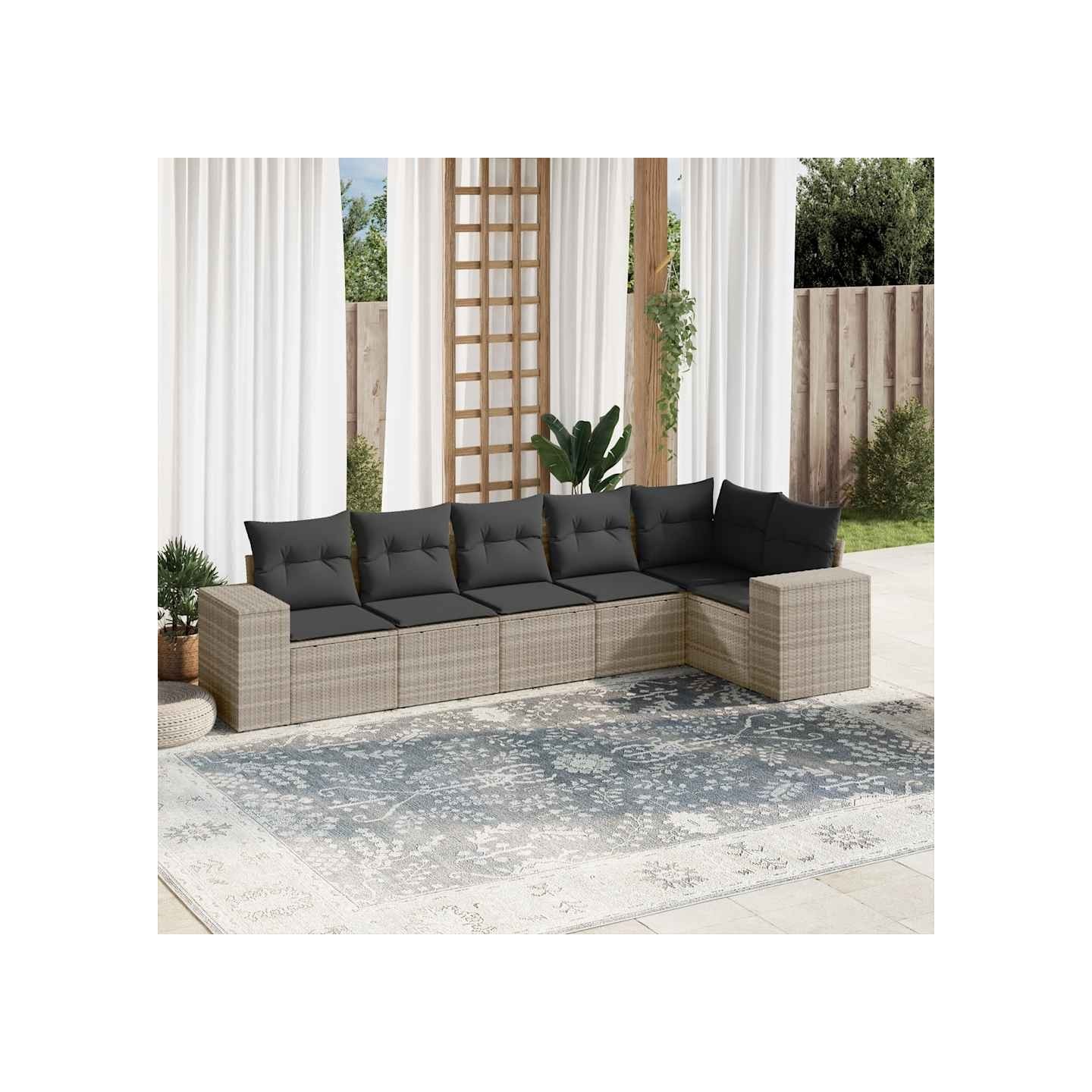 Salon de jardin 6 pcs avec coussins gris clair résine tressée