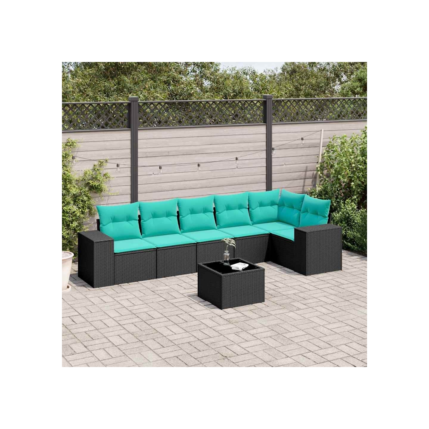 Ensemble de canapé de jardin 7 pcs avec coussins noir résine tressée