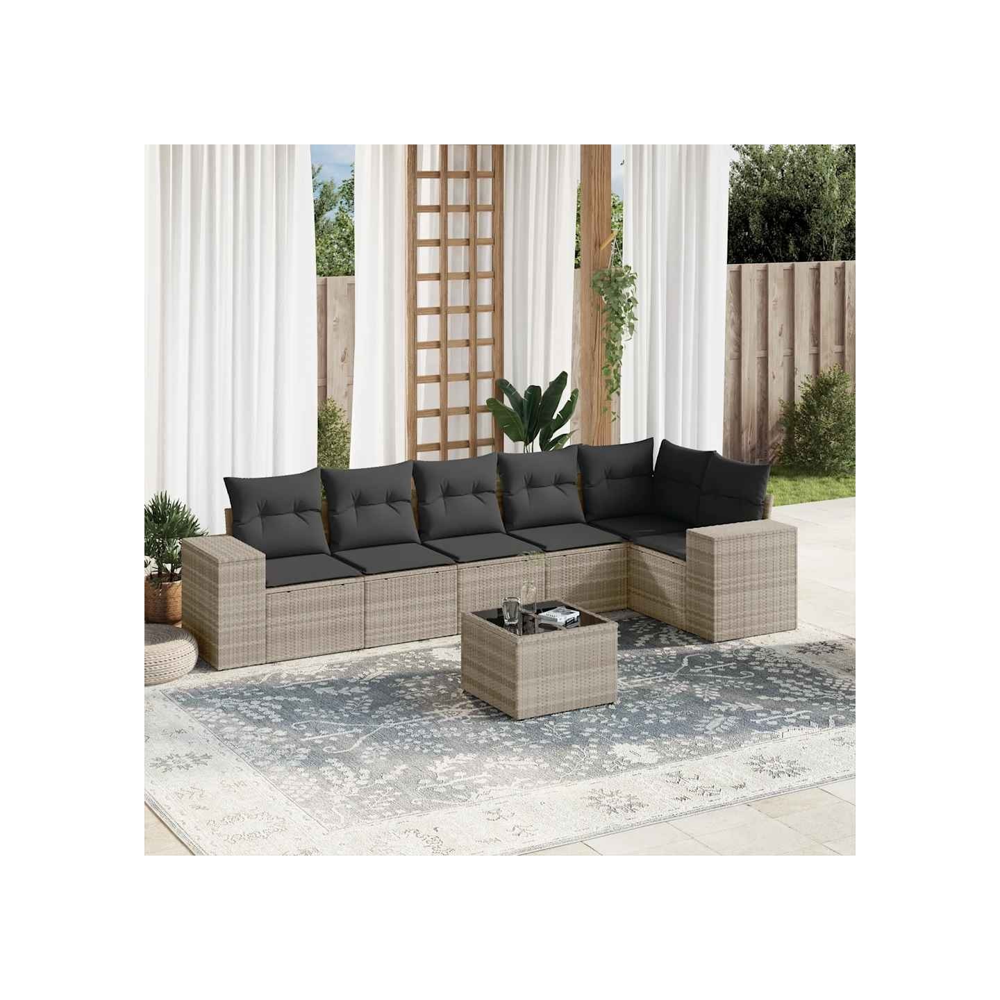 Salon de jardin avec coussins 7 pcs gris clair résine tressée