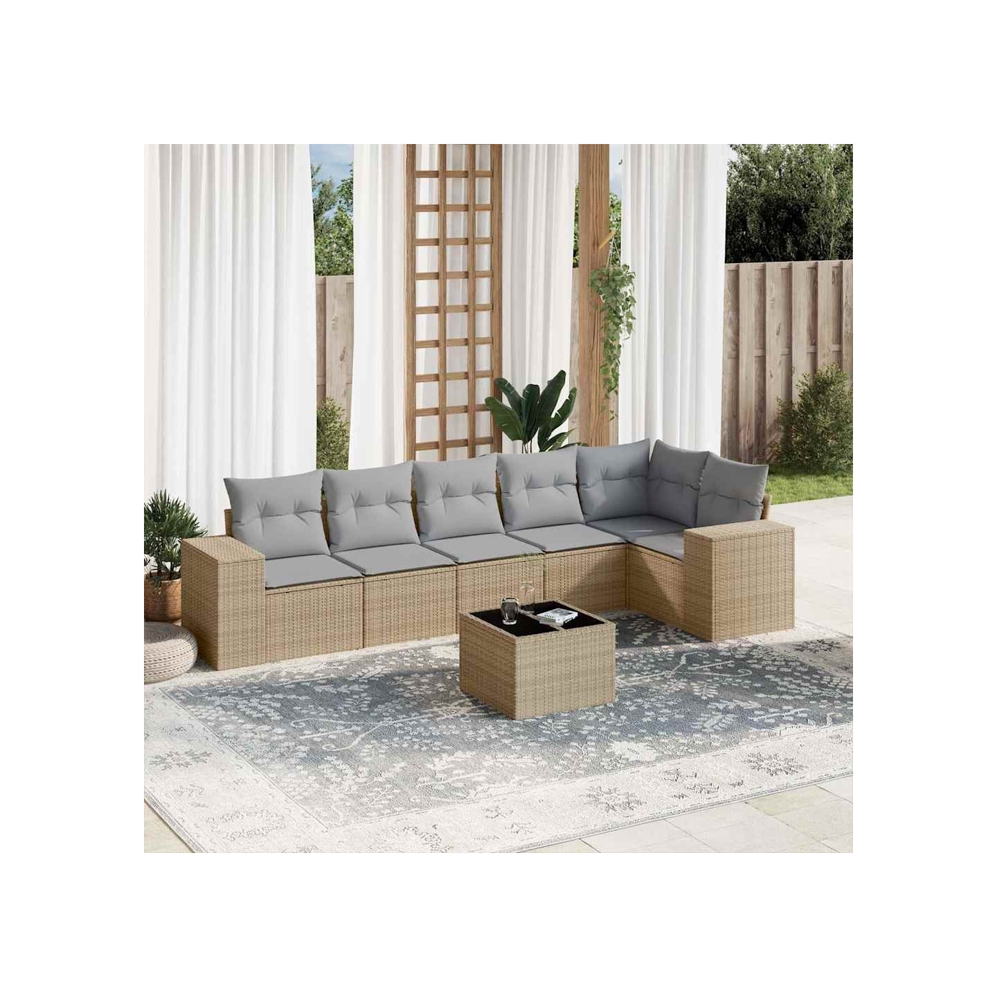 Salon de jardin avec coussins 7 pcs beige résine tressée