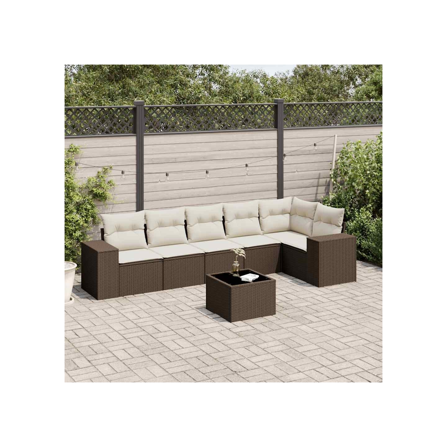 Salon de jardin avec coussins 7 pcs marron résine tressée