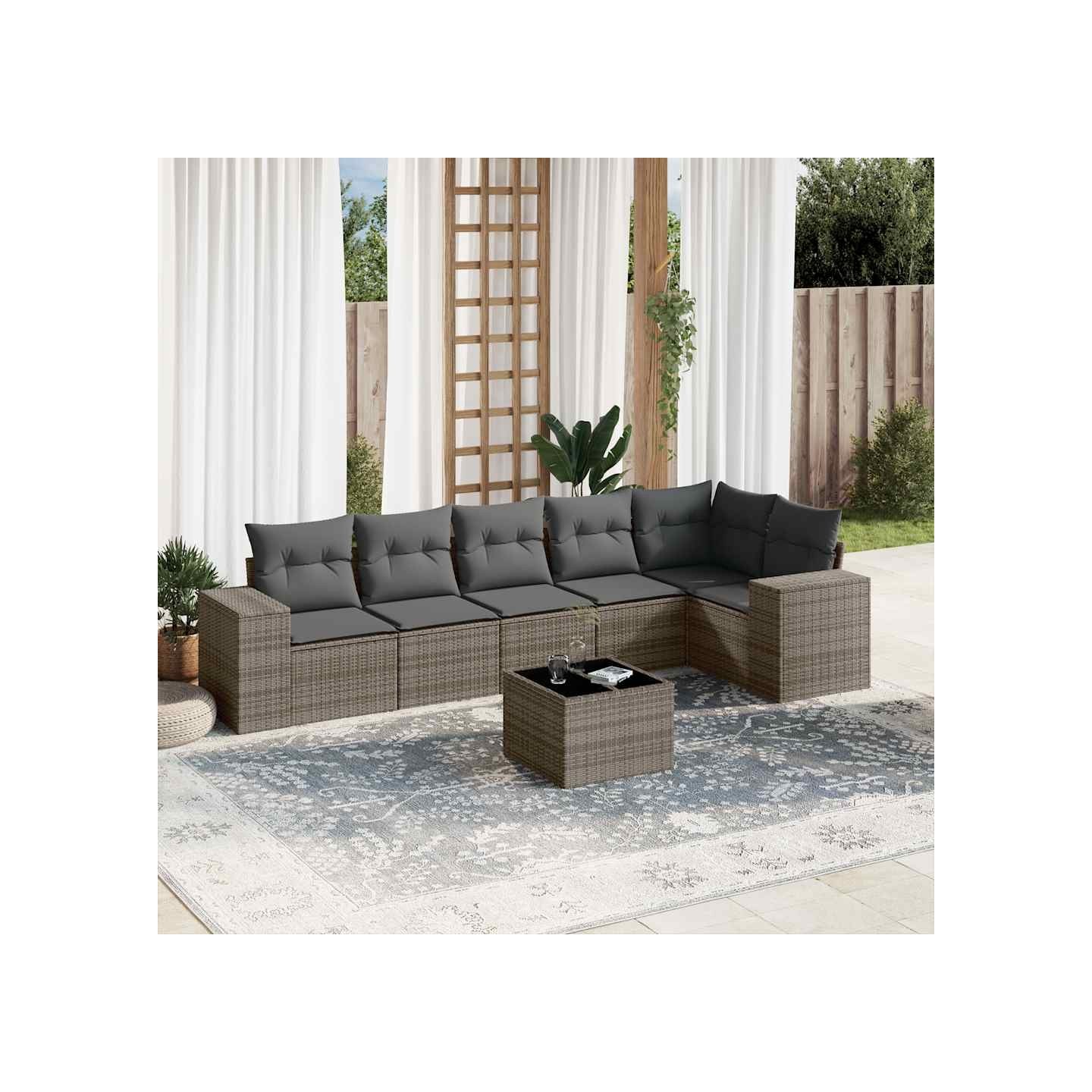 Salon de jardin avec coussins 7 pcs gris résine tressée