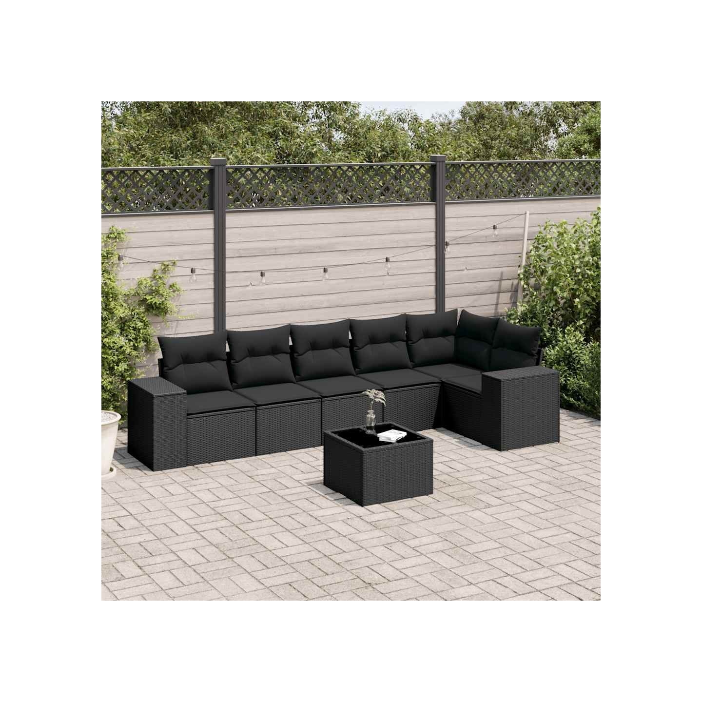 Salon de jardin 7 pcs avec coussins noir résine tressée