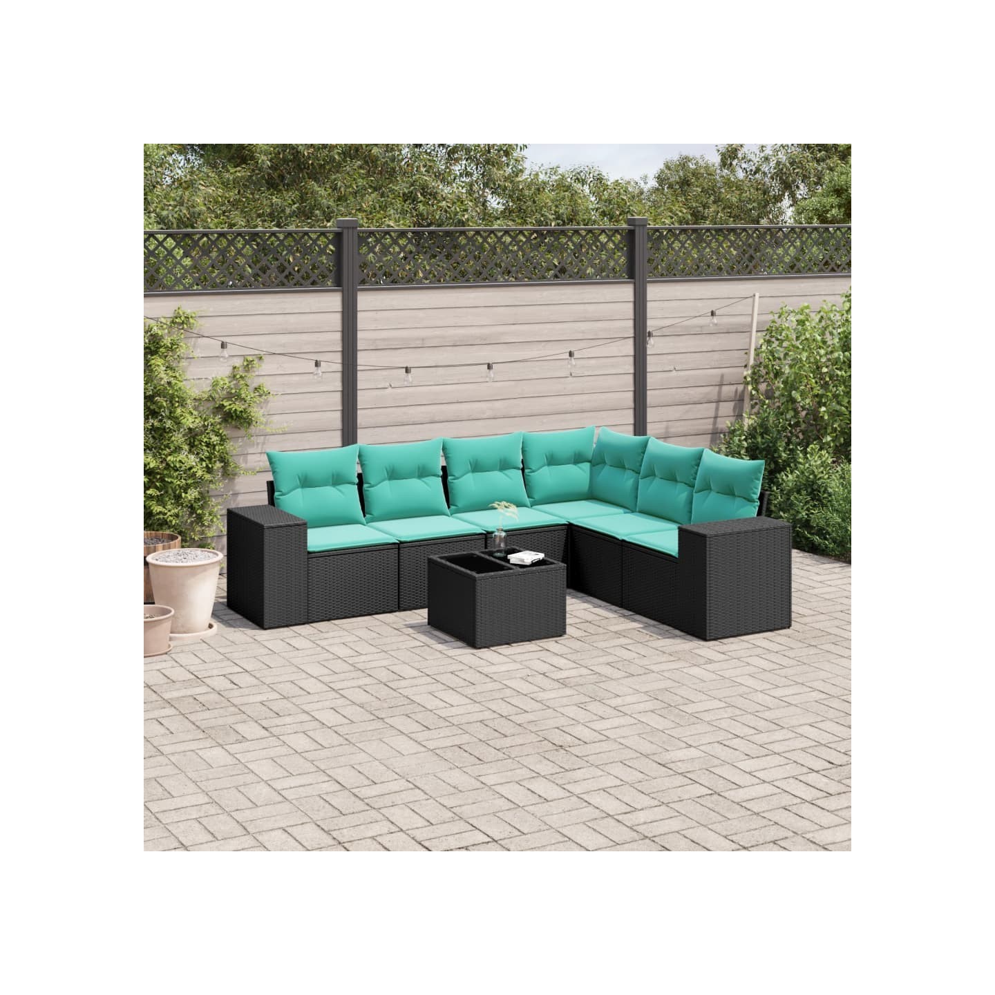 Ensemble de canapé de jardin 7 pcs avec coussins noir résine tressée