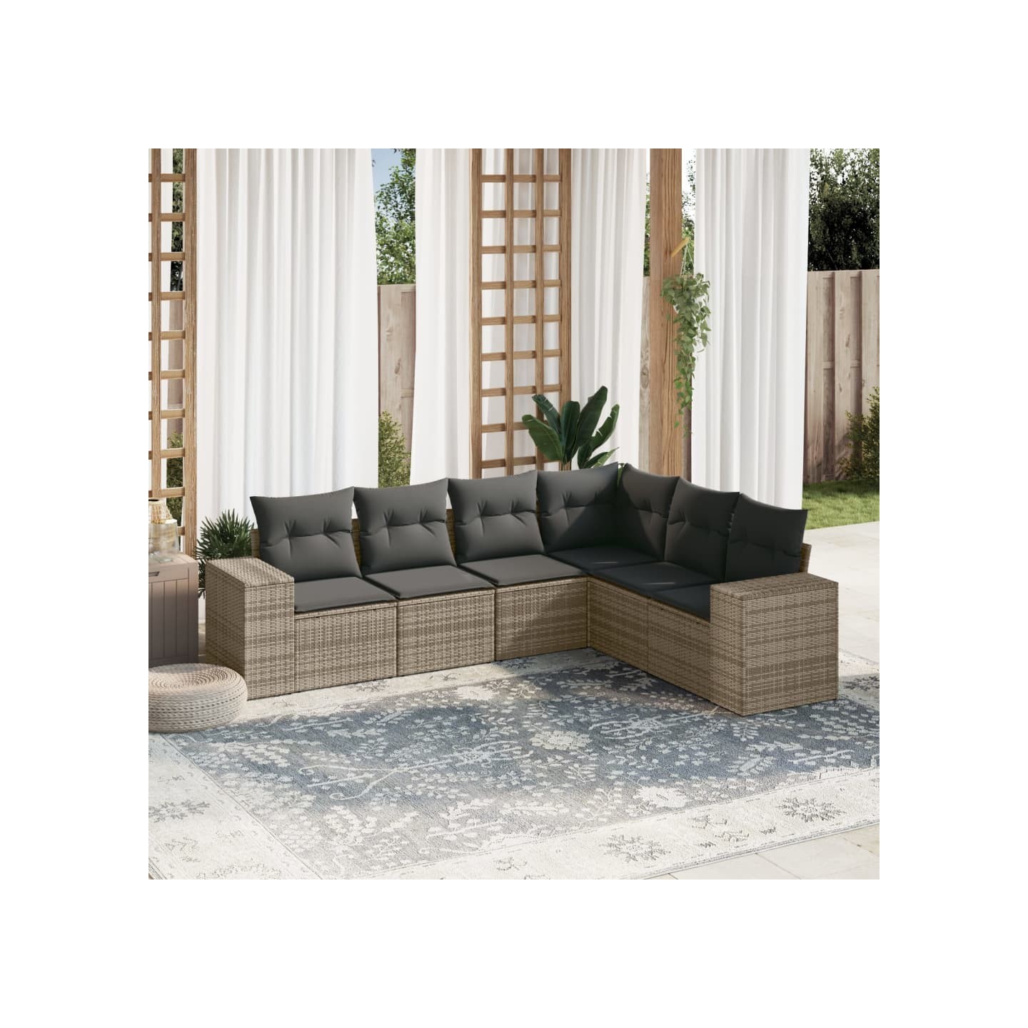 Salon de jardin 6 pcs avec coussins gris résine tressée