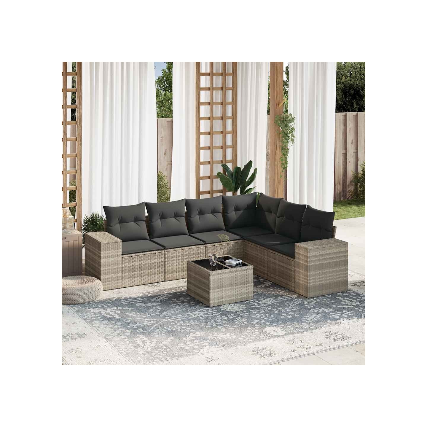 Salon de jardin avec coussins 7 pcs gris clair résine tressée