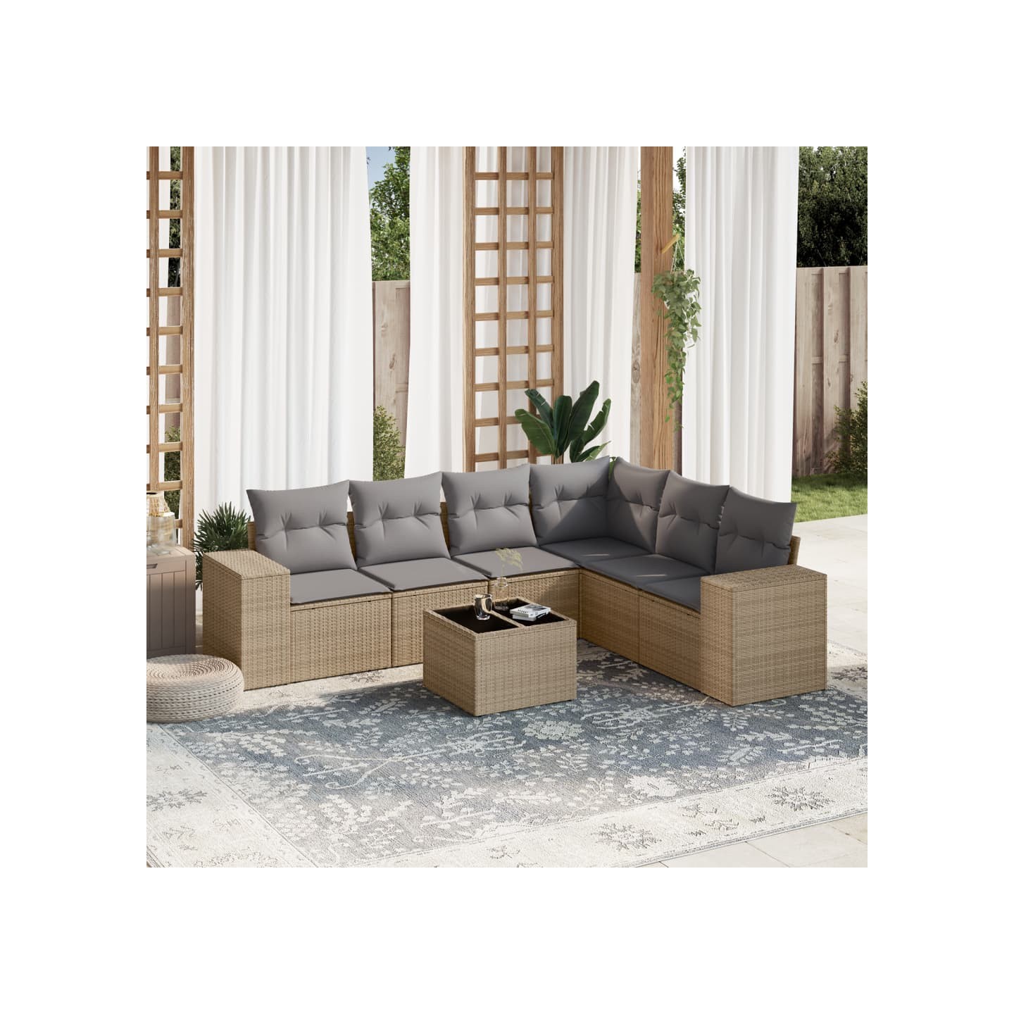 Salon de jardin avec coussins 7 pcs beige résine tressée
