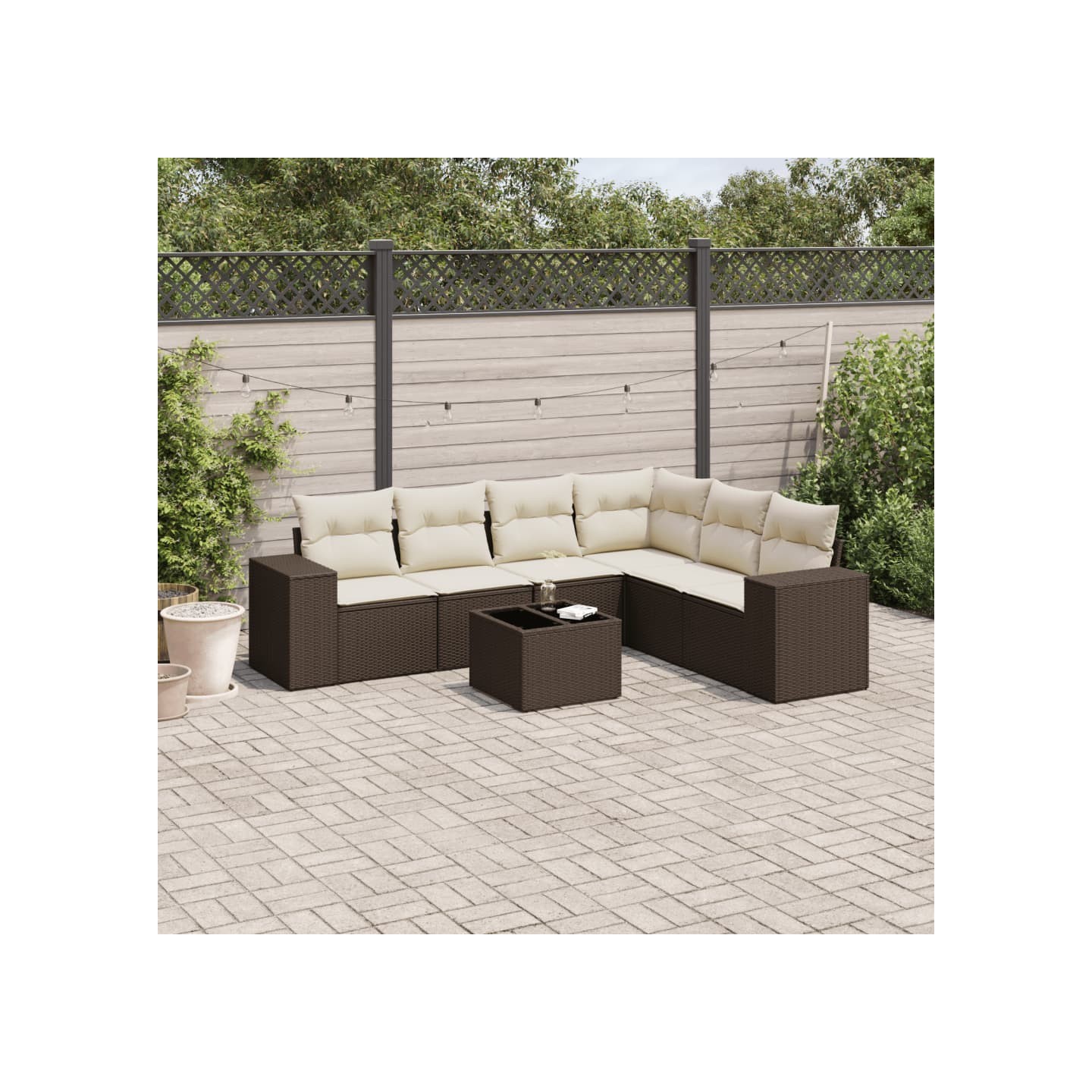 Salon de jardin avec coussins 7 pcs marron résine tressée