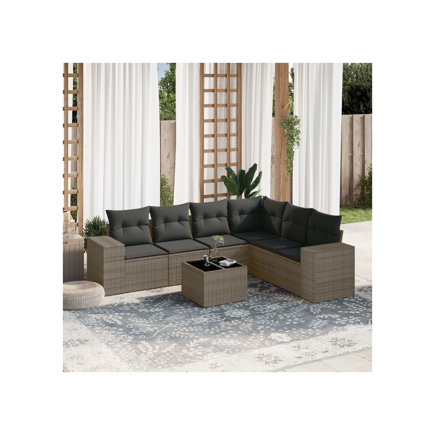 Salon de jardin avec coussins 7 pcs gris résine tressée