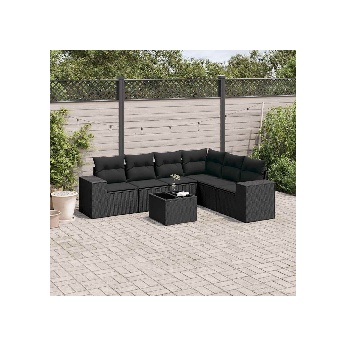 Salon de jardin 7 pcs avec coussins noir résine tressée