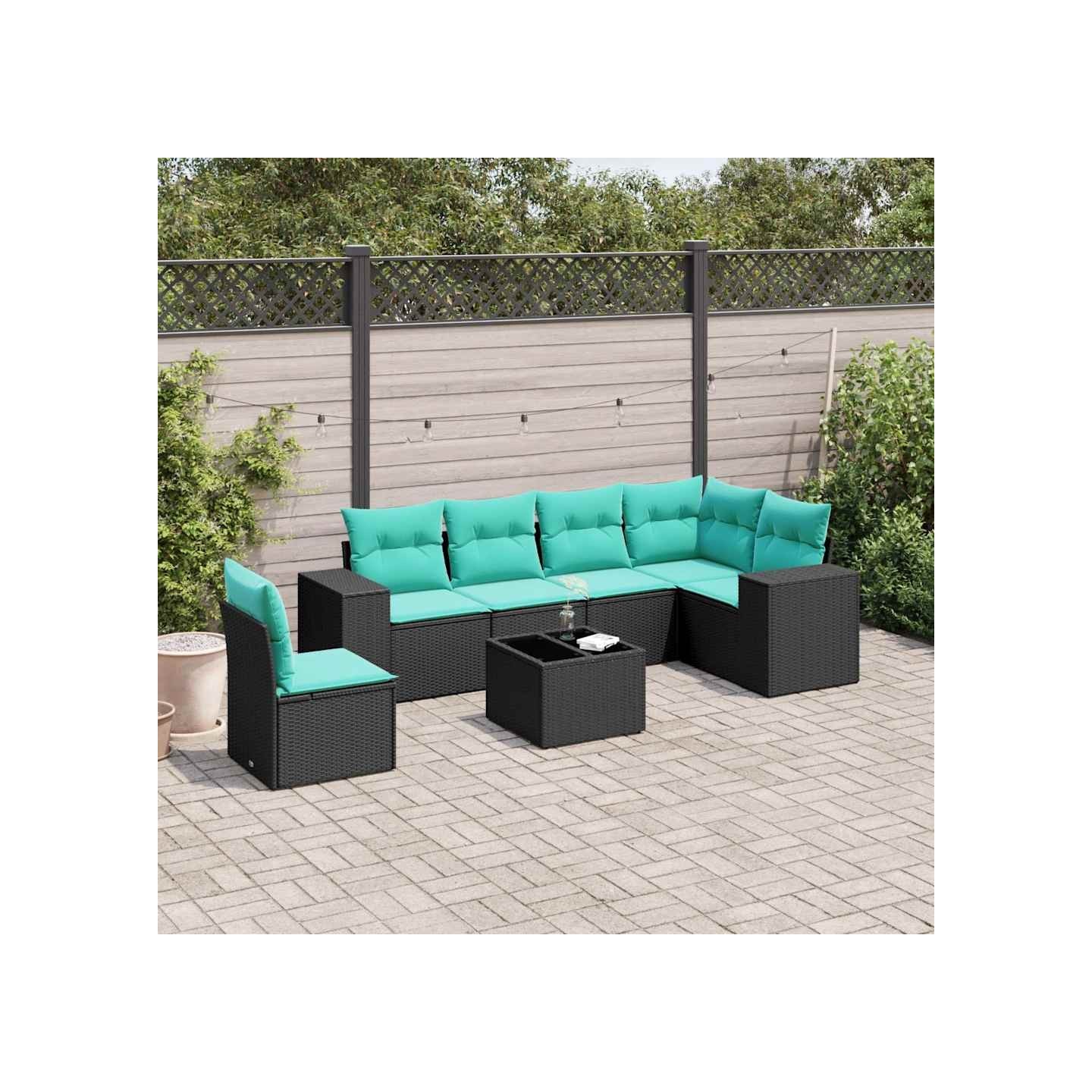 Ensemble de canapé de jardin 7 pcs avec coussins noir résine tressée