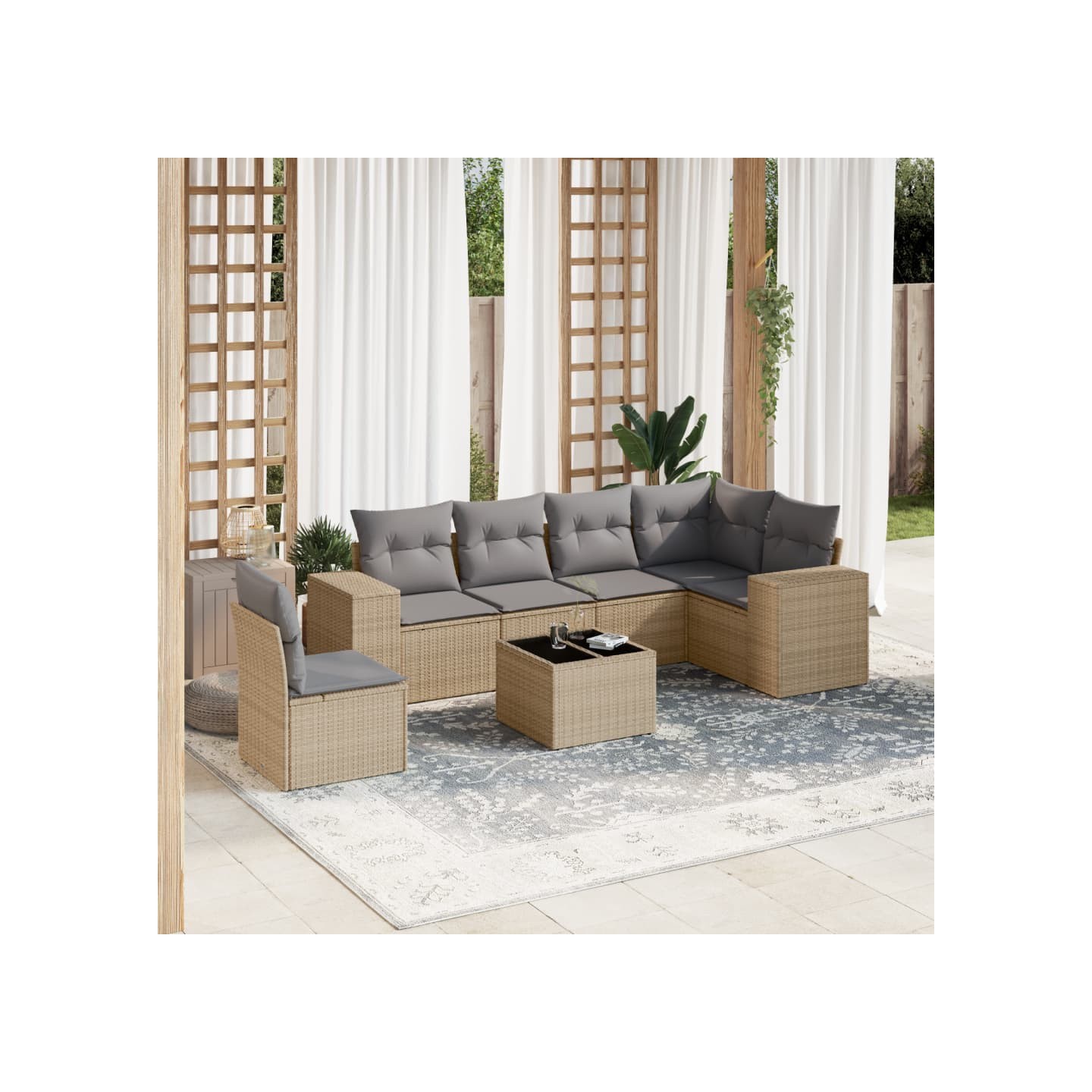 Salon de jardin avec coussins 7 pcs beige résine tressée