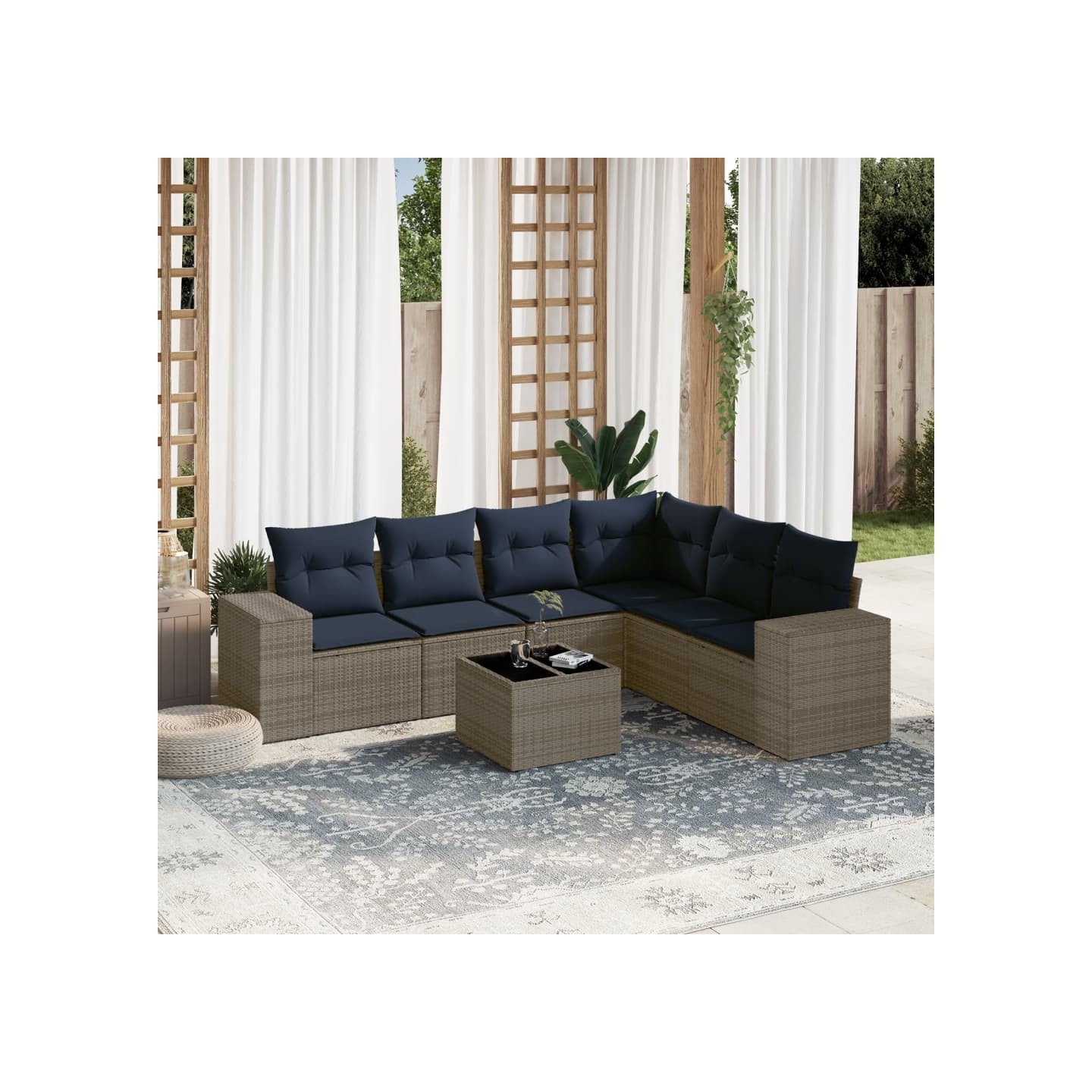 Ensemble de canapé de jardin 7 pcs avec coussins gris résine tressée