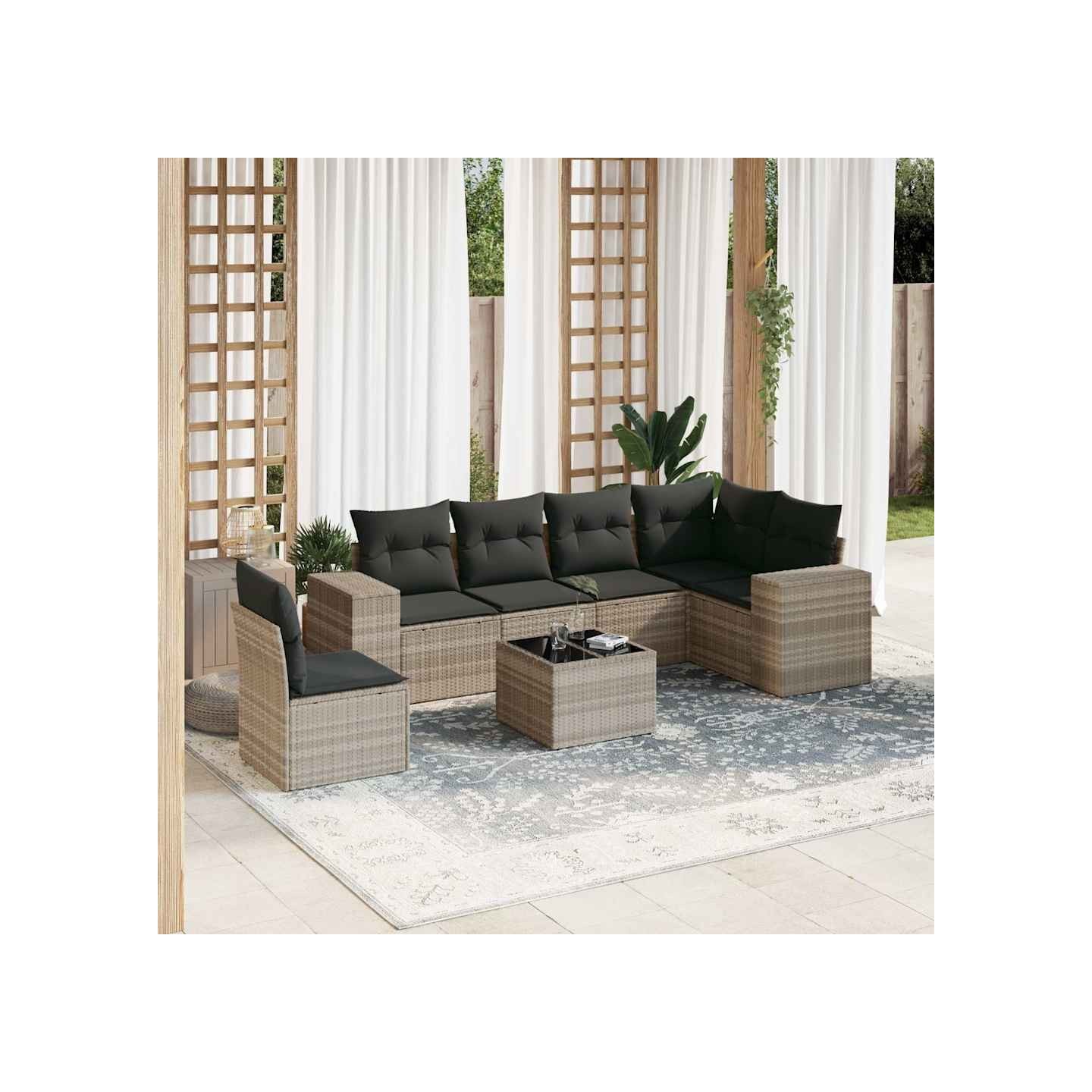 Salon de jardin avec coussins 7 pcs gris clair résine tressée