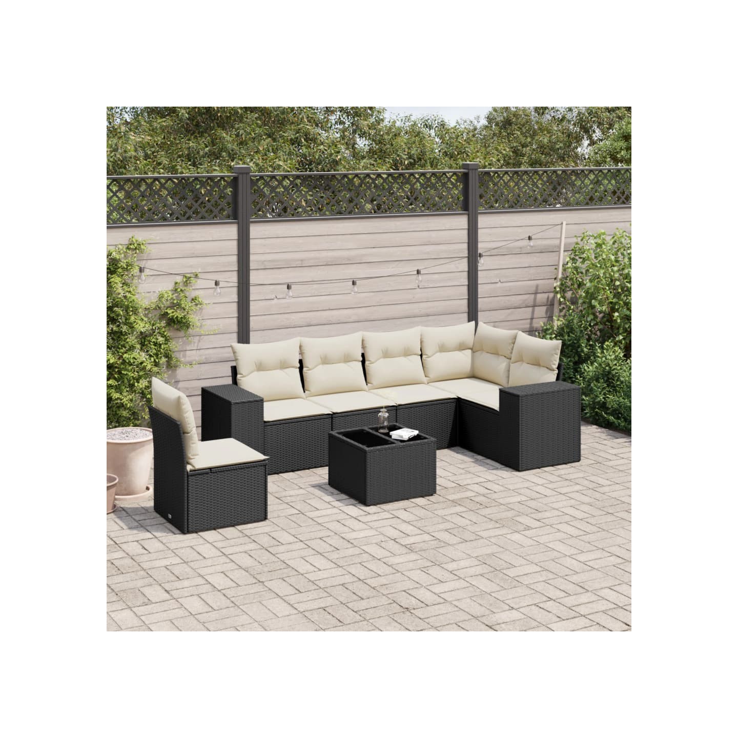 Salon de jardin 7 pcs avec coussins noir résine tressée