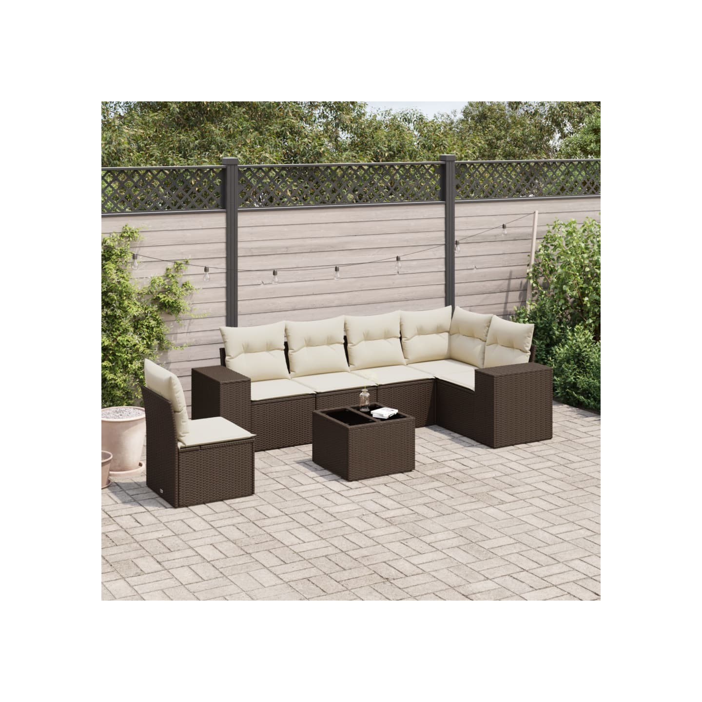 Salon de jardin avec coussins 7 pcs marron résine tressée