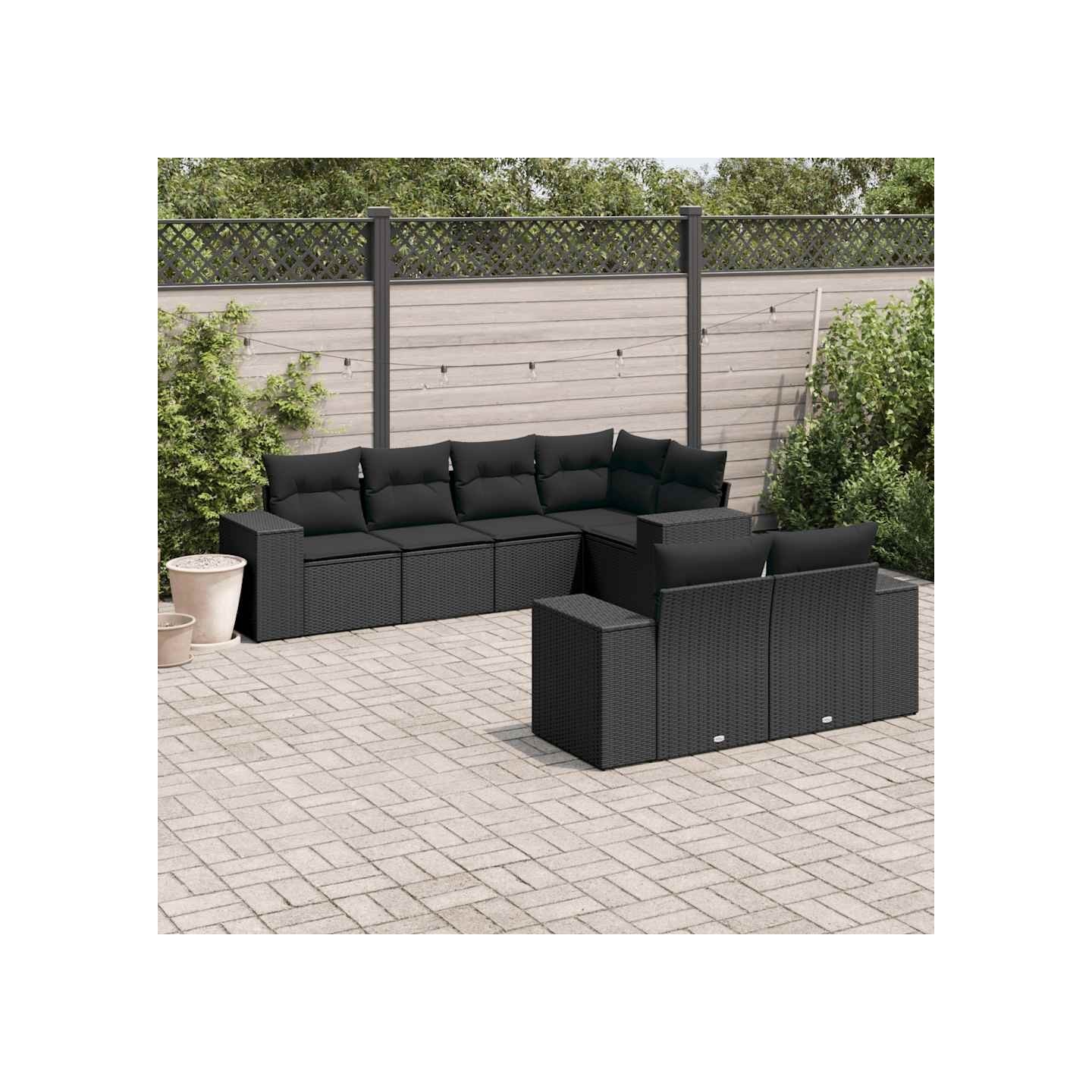 Salon de jardin 7 pcs avec coussins noir résine tressée