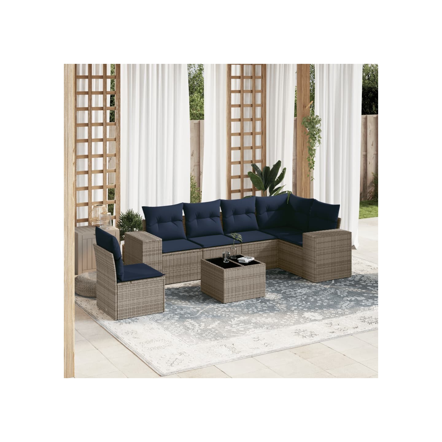 Ensemble de canapé de jardin 7 pcs avec coussins gris résine tressée