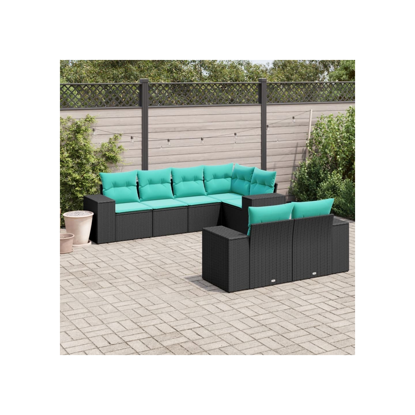 Salon de jardin 7 pcs avec coussins noir résine tressée