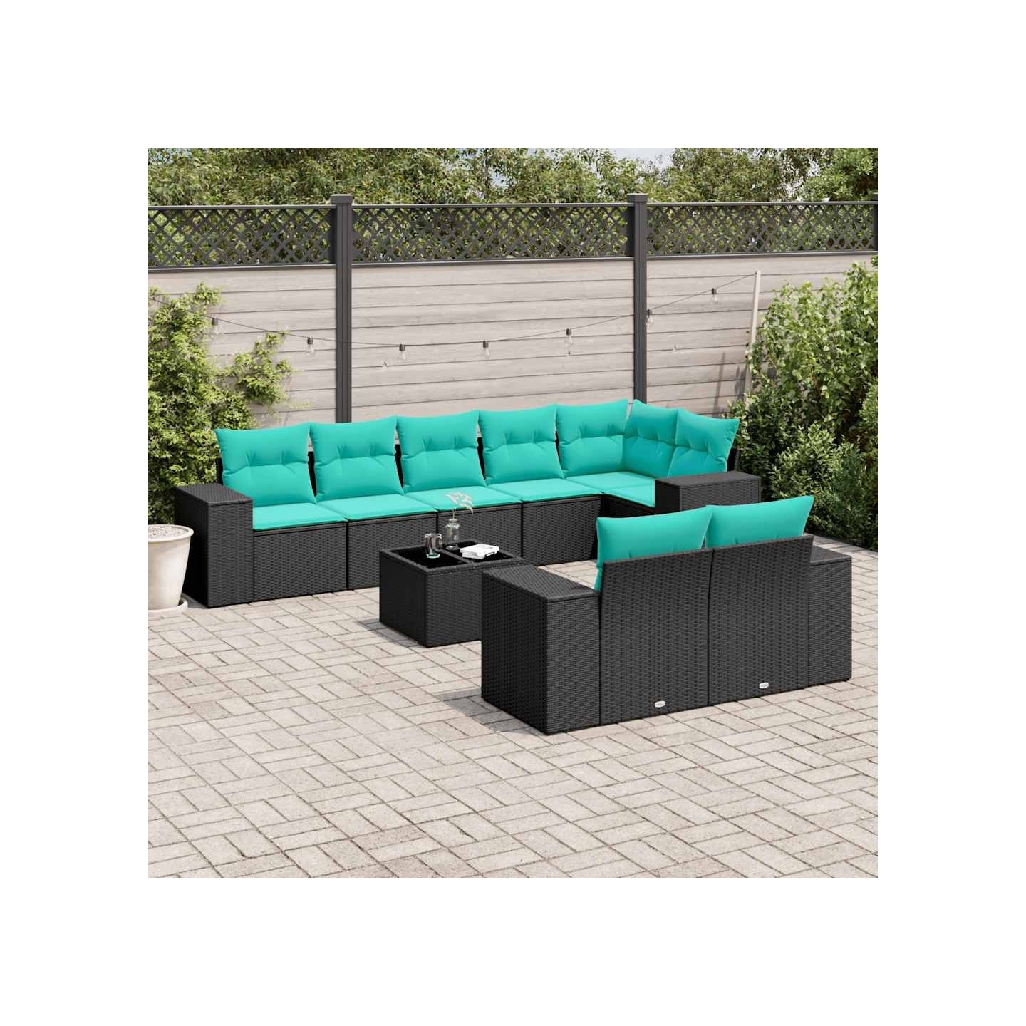 Ensemble de canapé de jardin 9 pcs avec coussins noir résine tressée