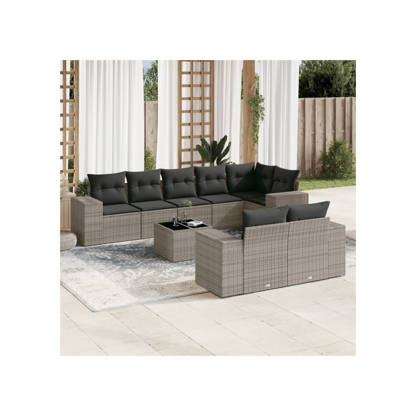 Salon de jardin 9 pcs avec coussins gris résine tressée