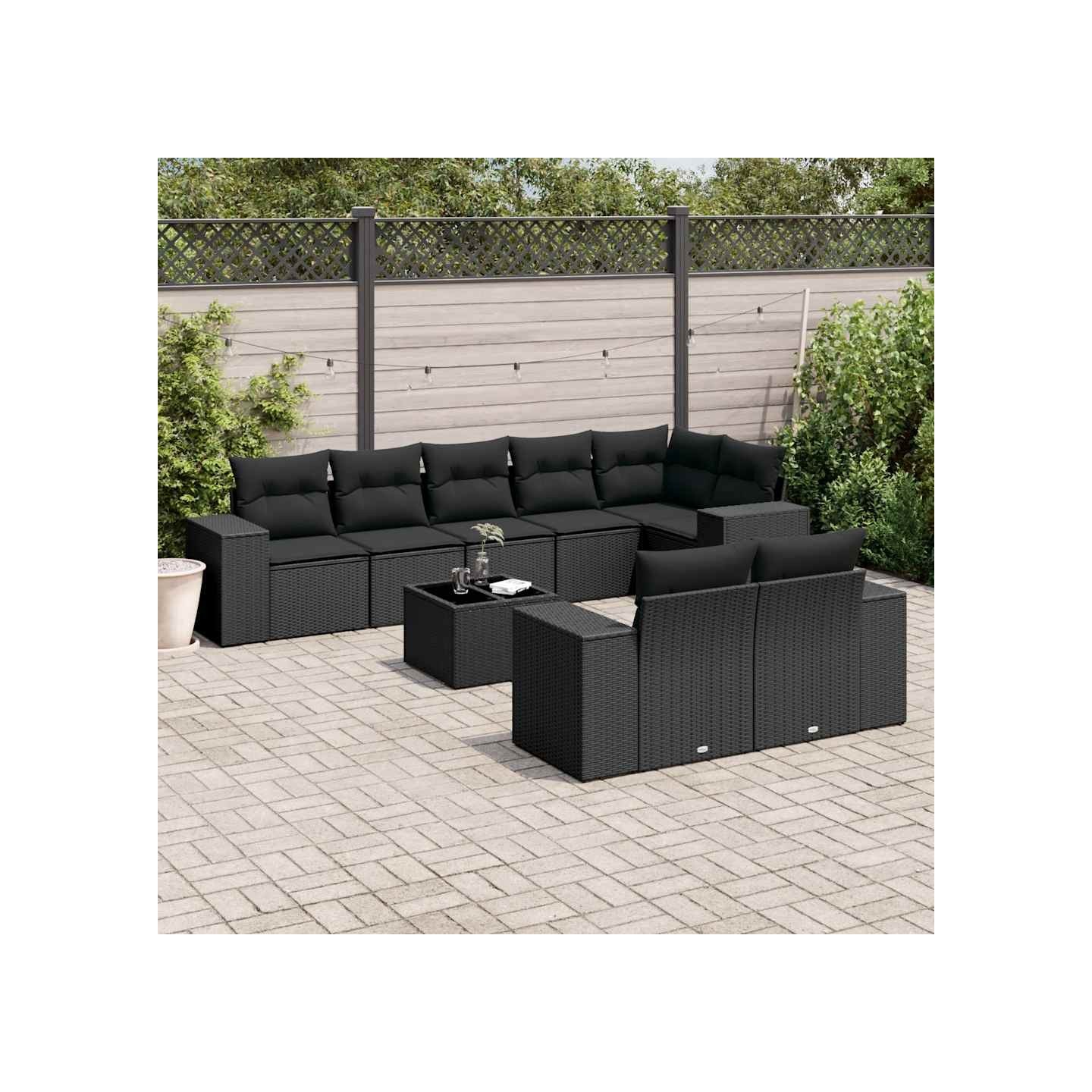 Salon de jardin 9 pcs avec coussins noir résine tressée